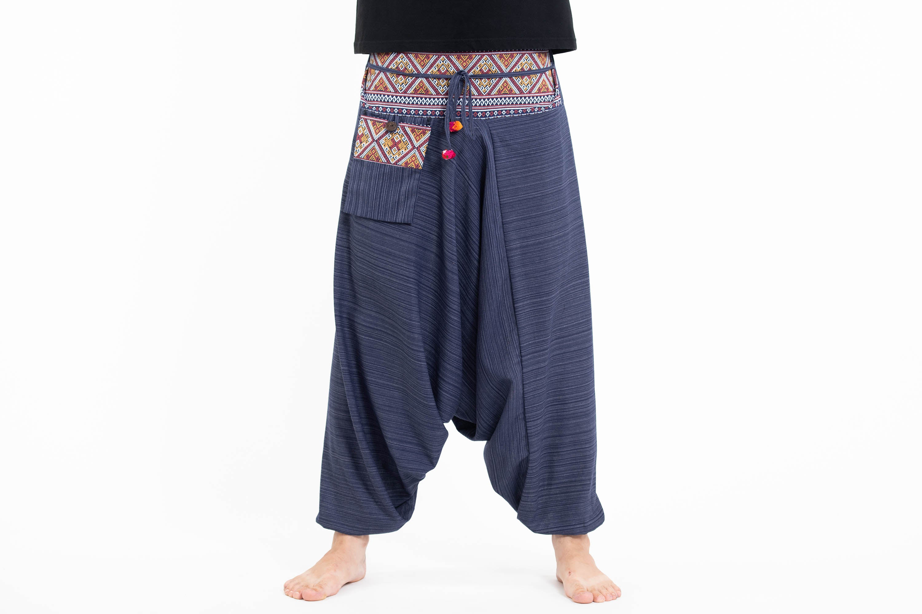 Pinstripe Cotton Low Cut Men's Harem Pants With Hill Tribe Trim Navy