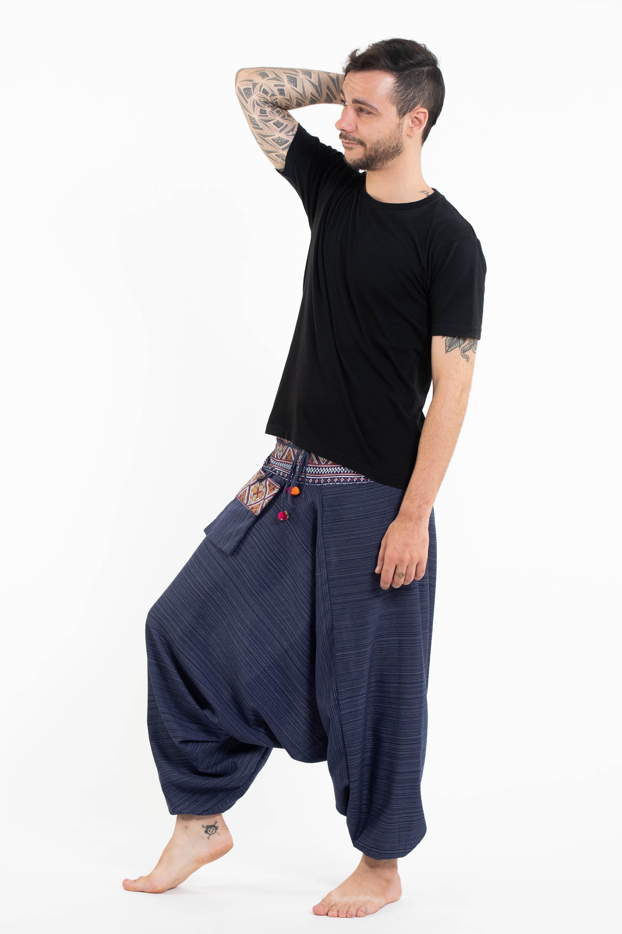 Pinstripe Cotton Low Cut Men's Harem Pants With Hill Tribe Trim Navy