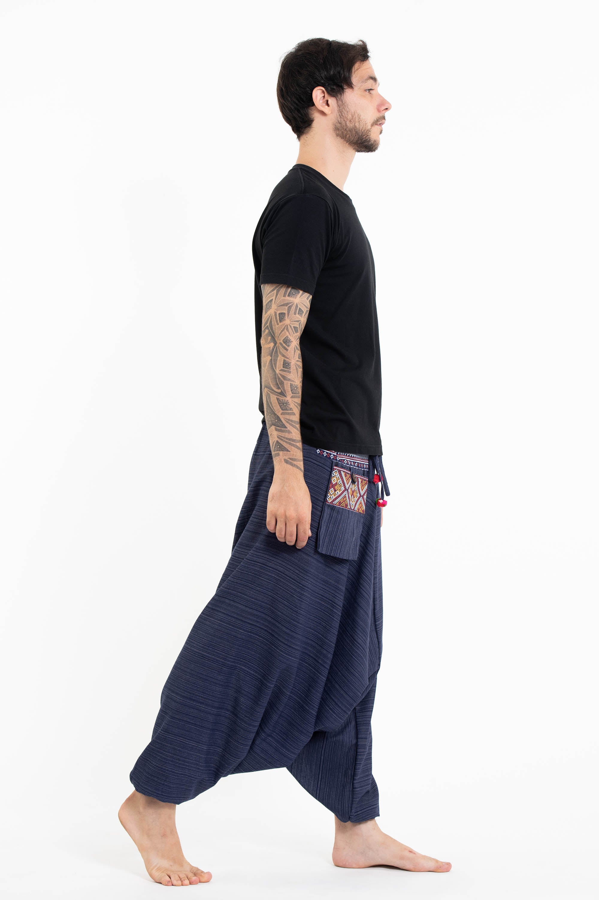 Pinstripe Cotton Low Cut Men's Harem Pants With Hill Tribe Trim Navy