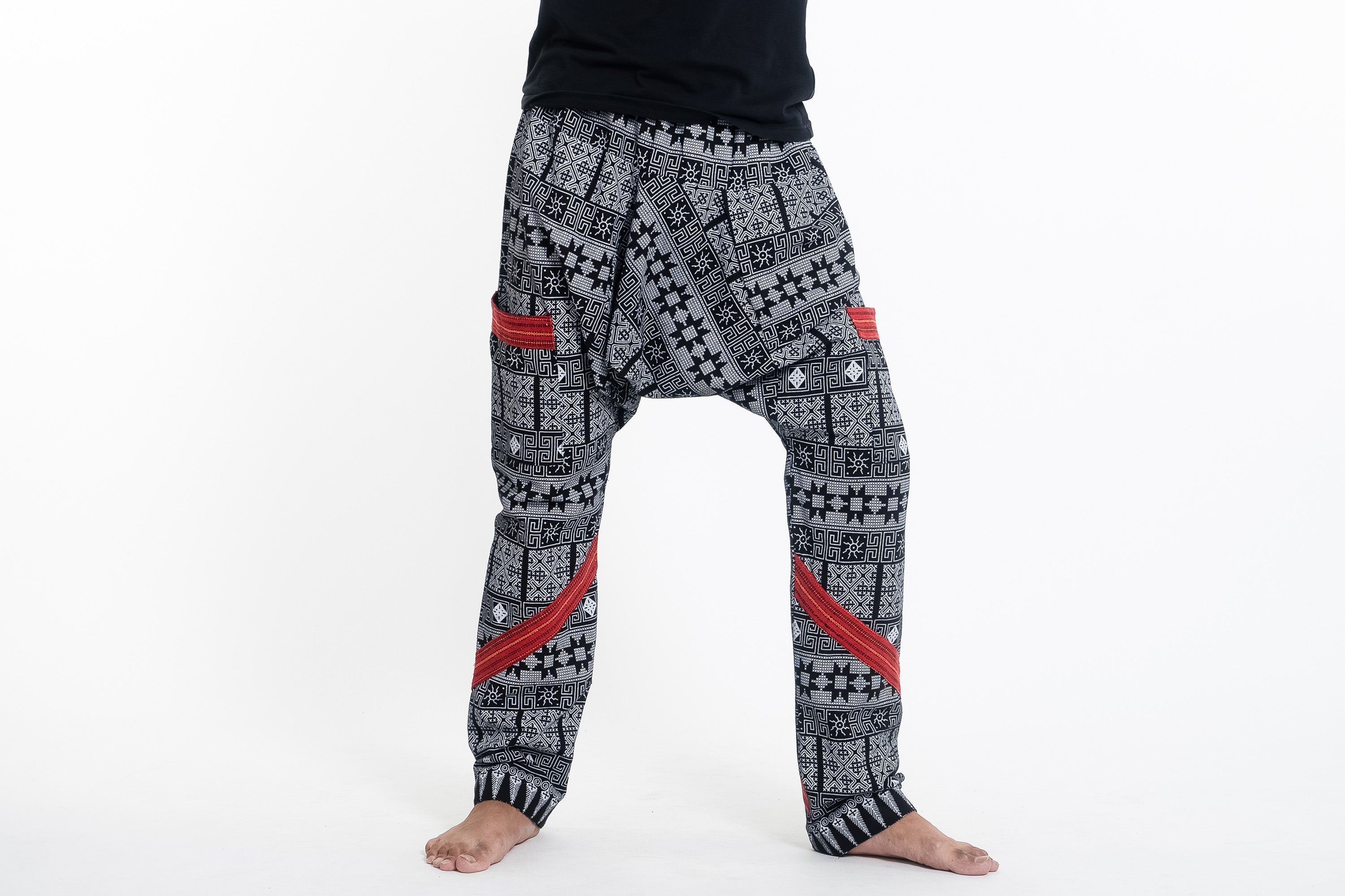 Traditional Print Thai Hill Tribe Fabric Men's Slim Cut Harem Pants in Black and White