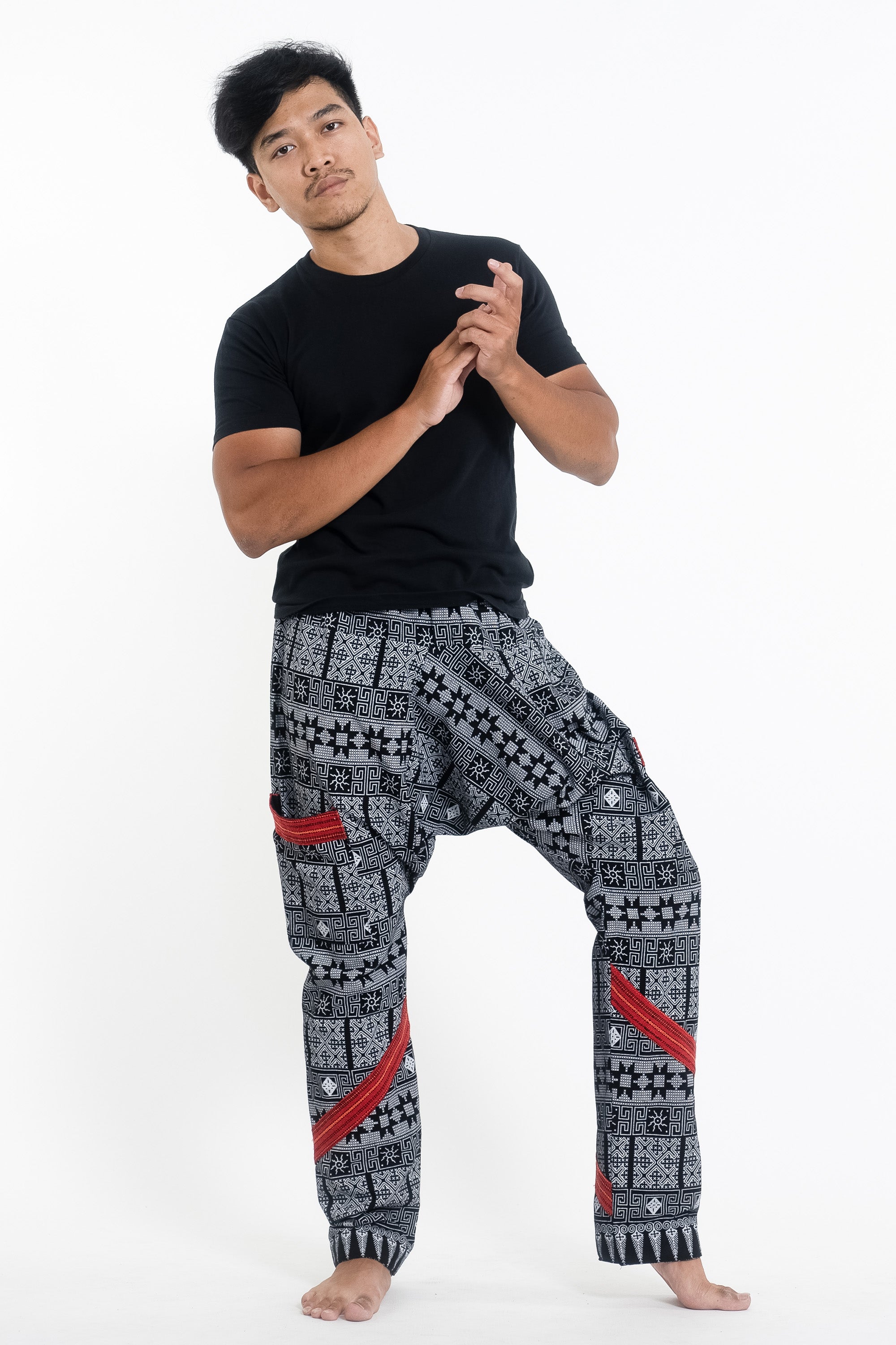 Traditional Print Thai Hill Tribe Fabric Men's Slim Cut Harem Pants in Black and White