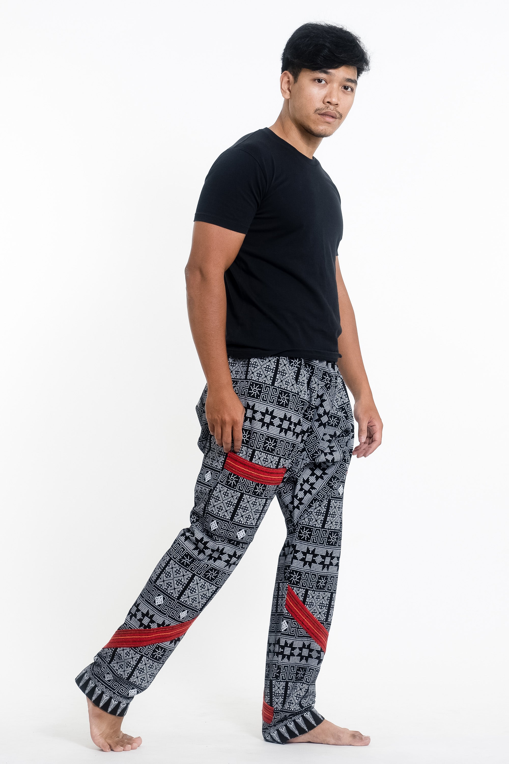 Traditional Print Thai Hill Tribe Fabric Men's Slim Cut Harem Pants in Black and White