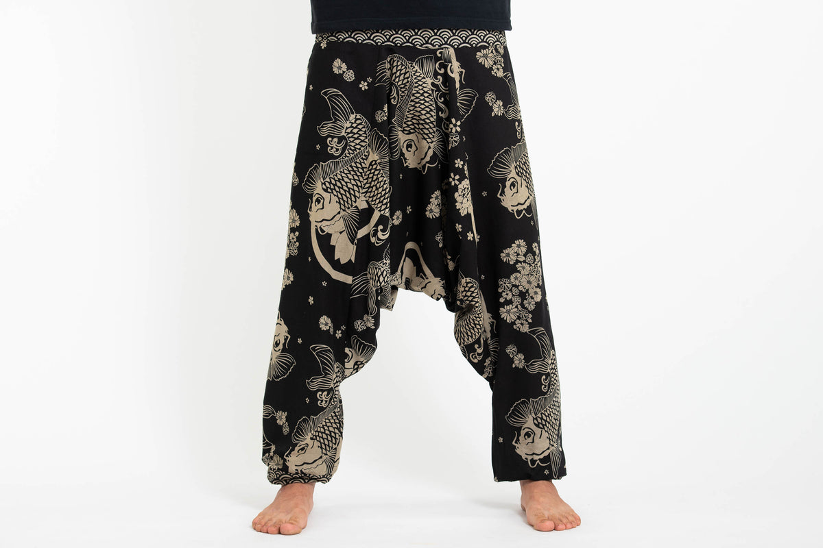 Hill Tribe Koi Fish Print Men's Harem Pants in Black