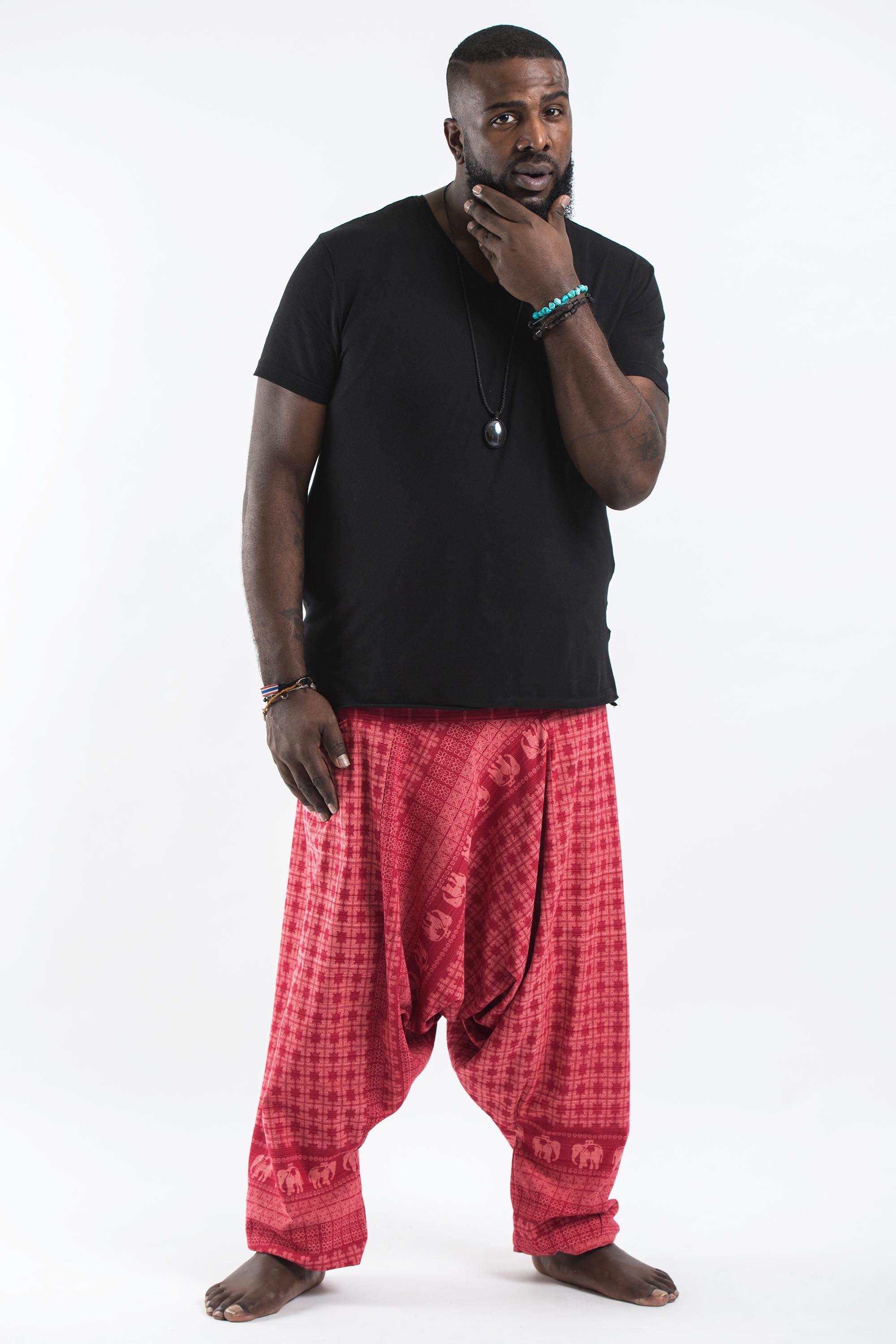 Plus Size Hill Tribe Elephant Men's Elephant Pants in Red