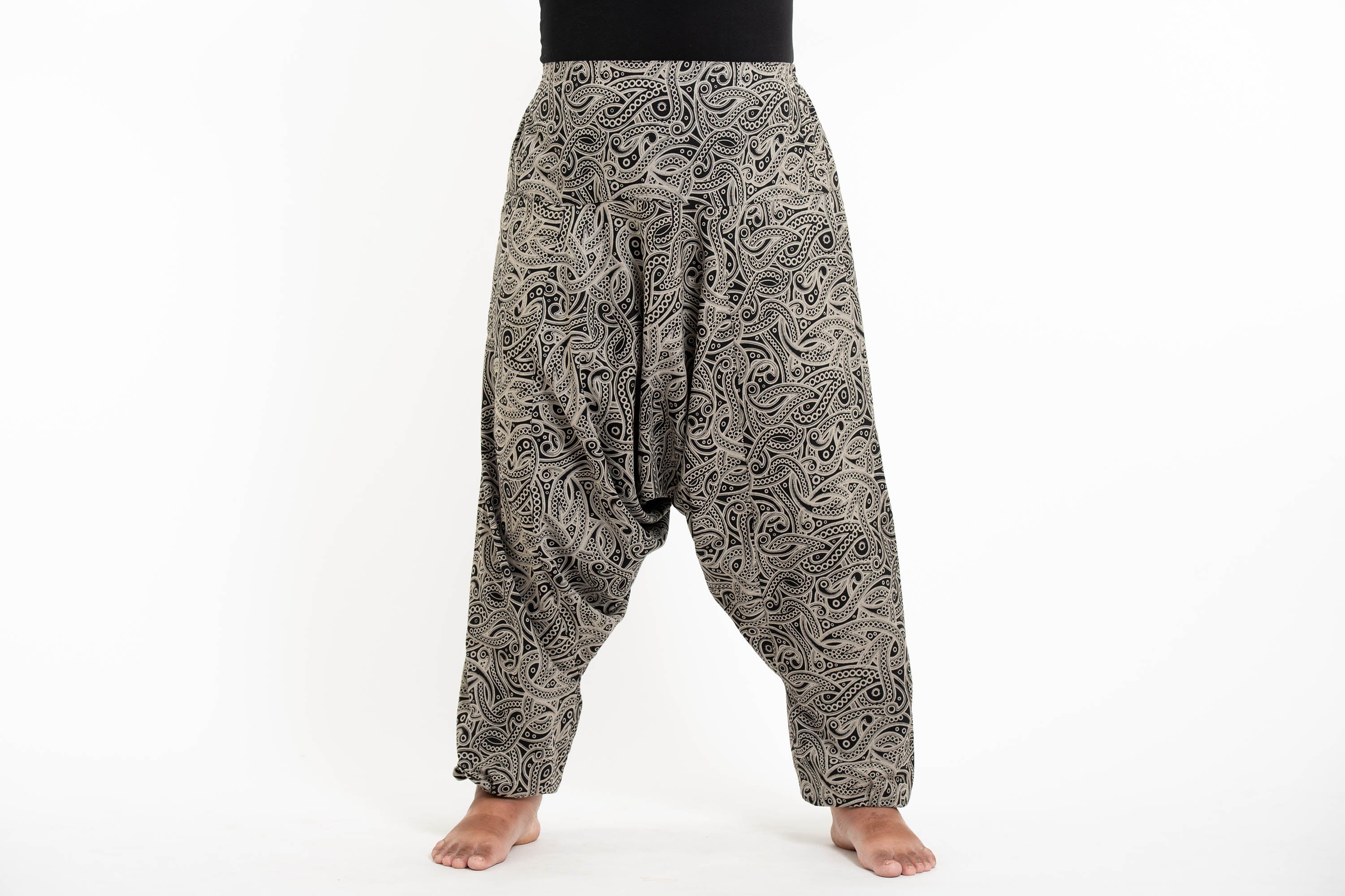 Plus Size Hill Tribe Paisley Print Men's Harem Pants in Black