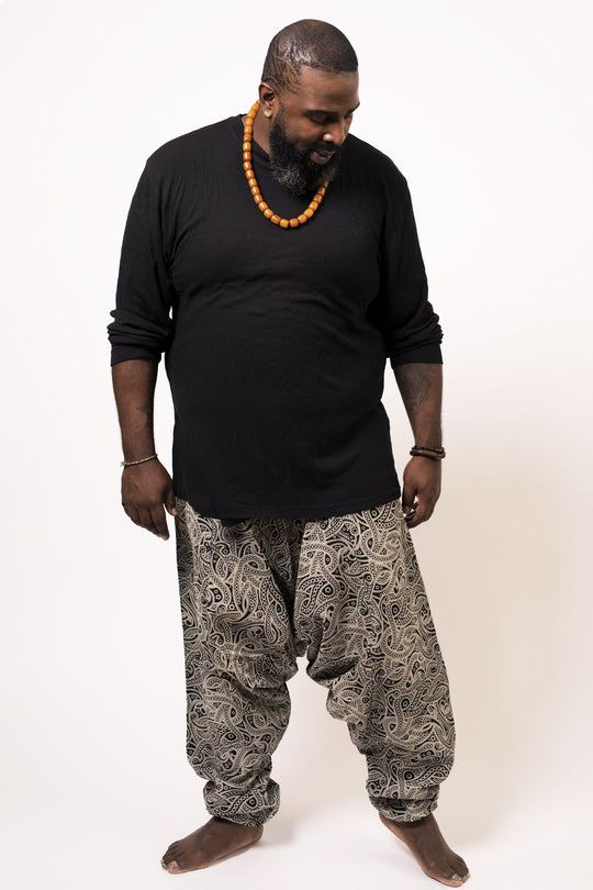 Plus Size Hill Tribe Paisley Print Men's Harem Pants in Black