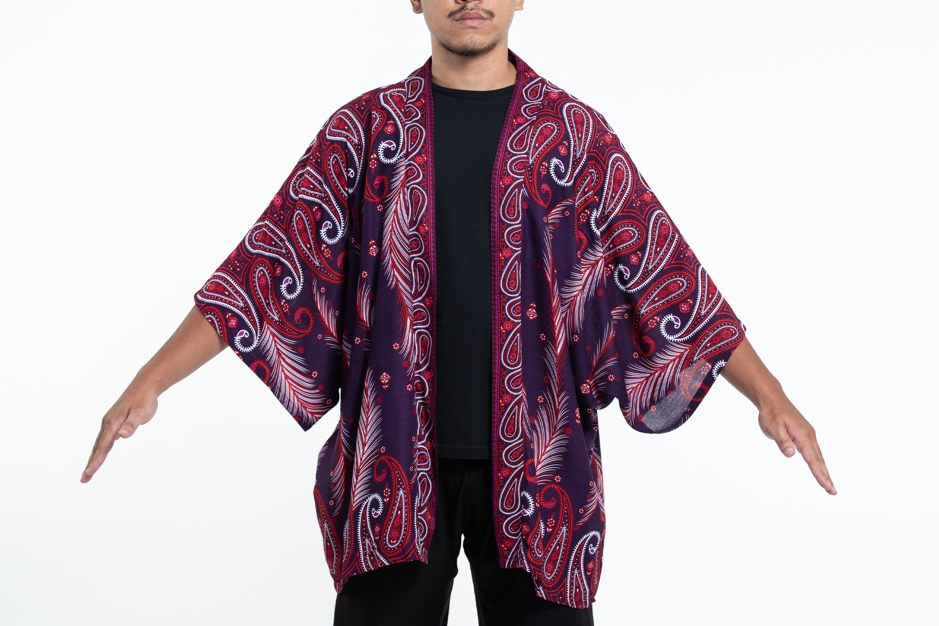 Paisley Feathers Kimono Cardigan in Purple