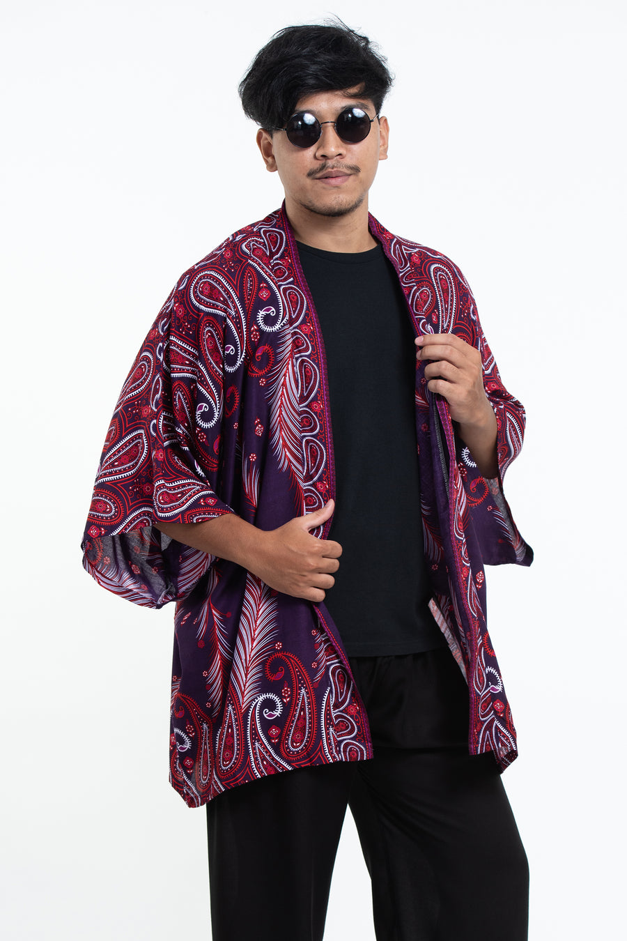 Paisley Feathers Kimono Cardigan in Purple – Harem Pants
