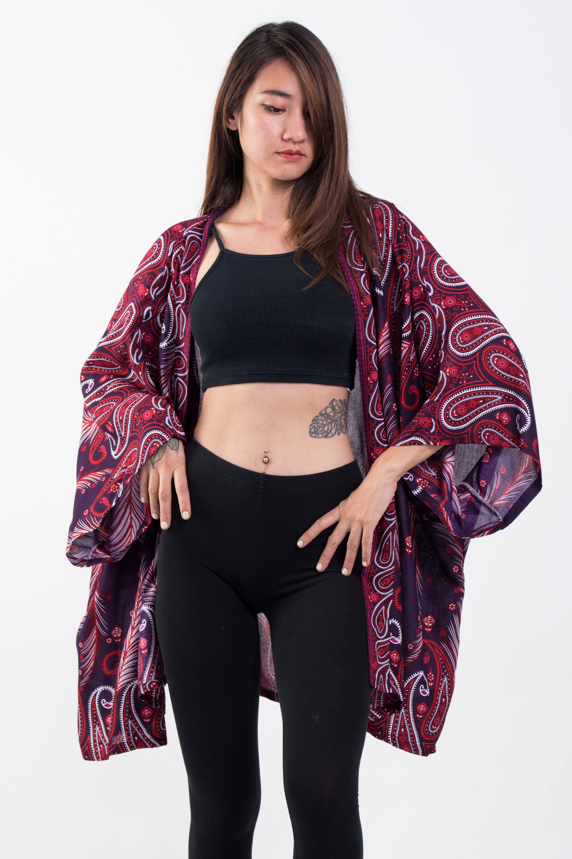 Paisley Feathers Kimono Cardigan in Purple