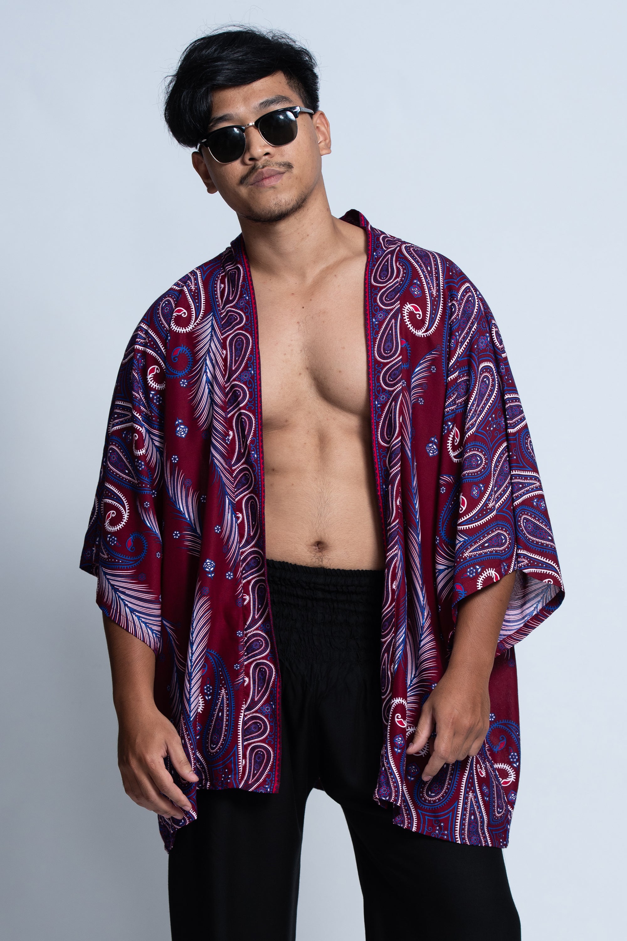 Paisley Feathers Kimono Cardigan in Red