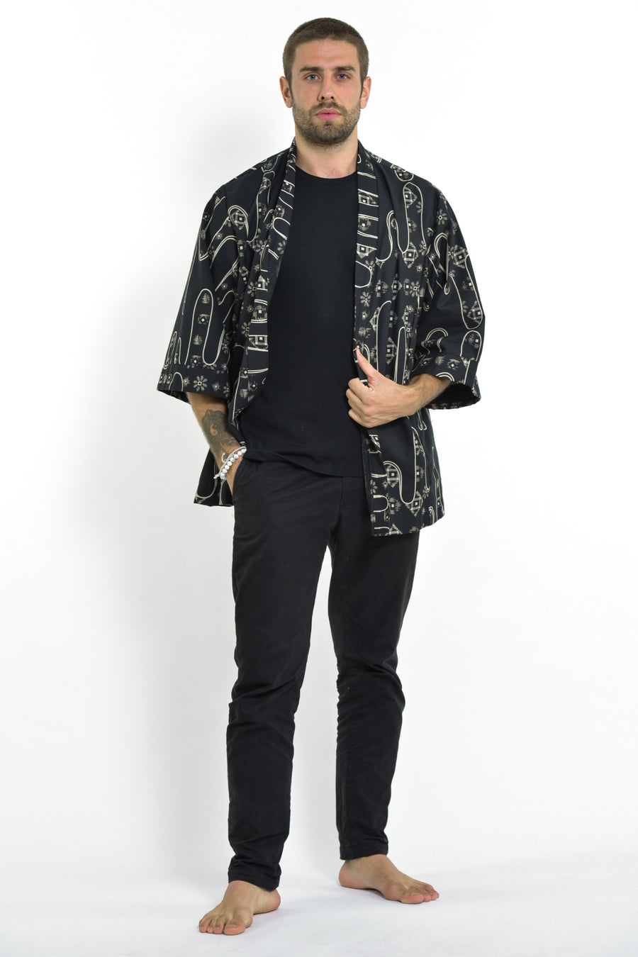Japanese Print Cotton Kimono Cardigan in Black Harem Pants