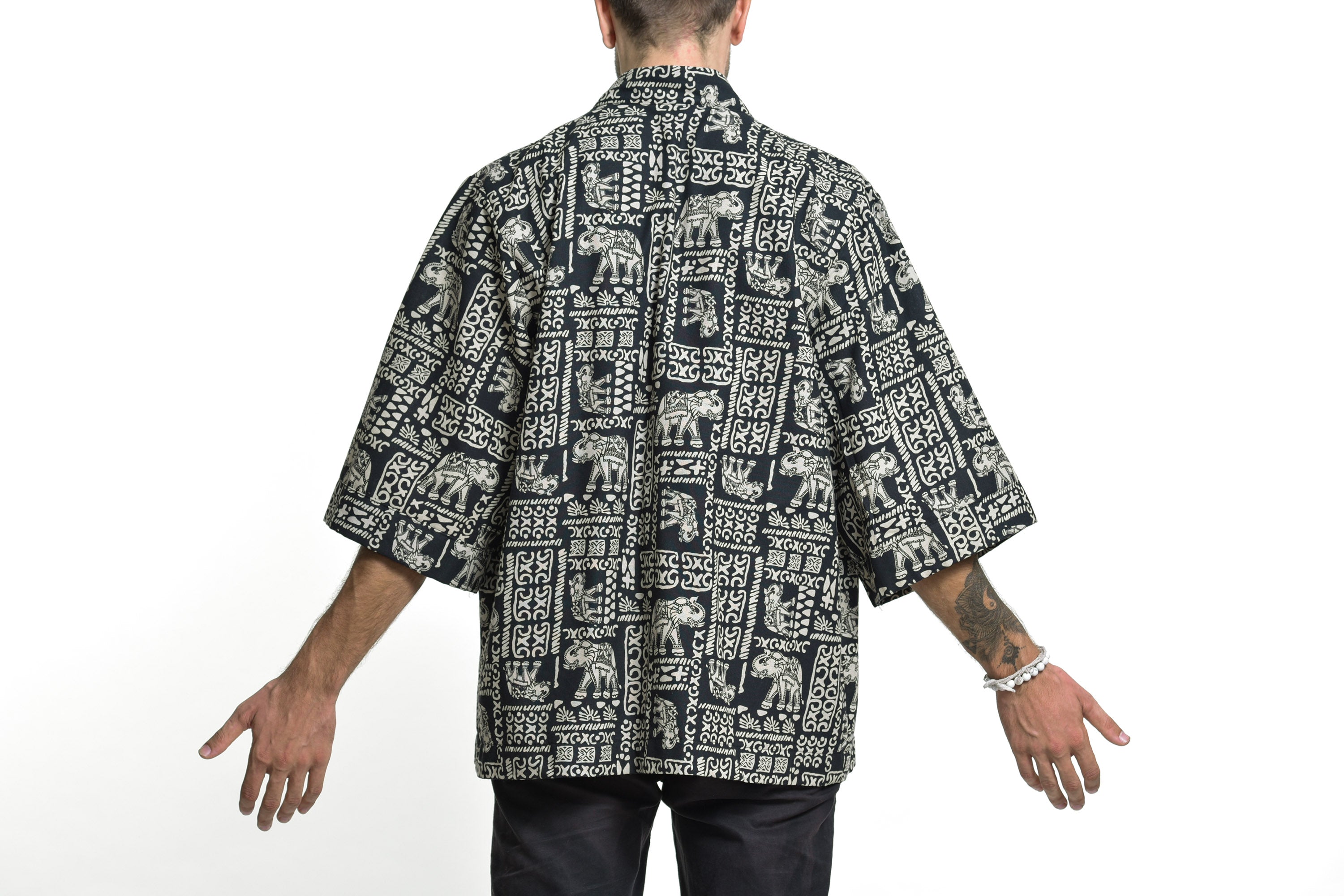 Elephant Print Cotton Kimono Cardigan in Black – Harem Pants