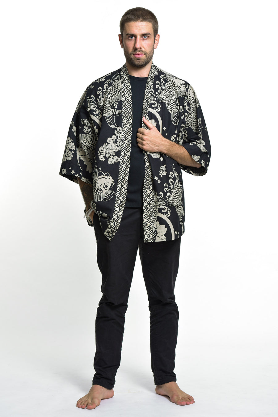 Koi Fish Print Cotton Kimono Cardigan in Black – Harem Pants