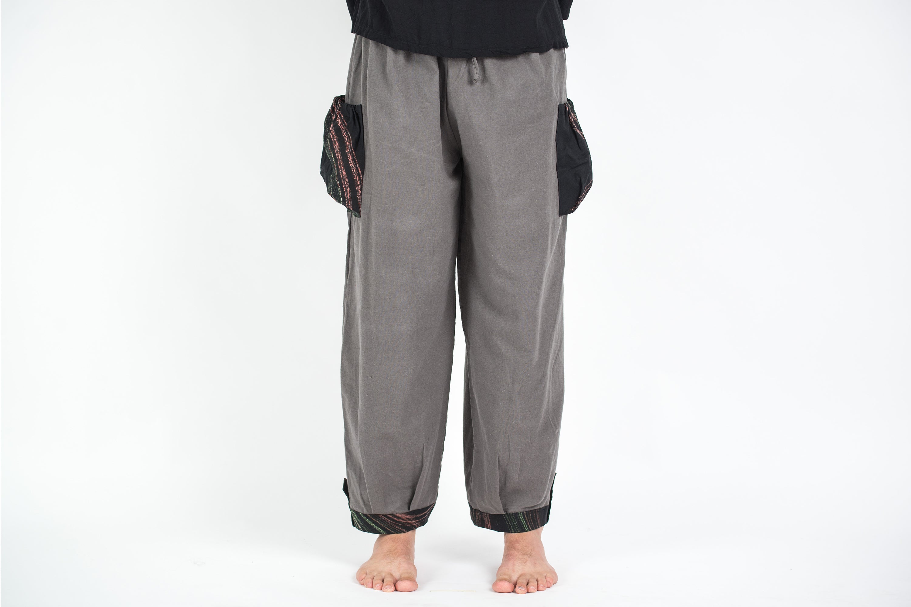Thai Cotton Men Drawstring Pants With Hill Tribe Trim Gray