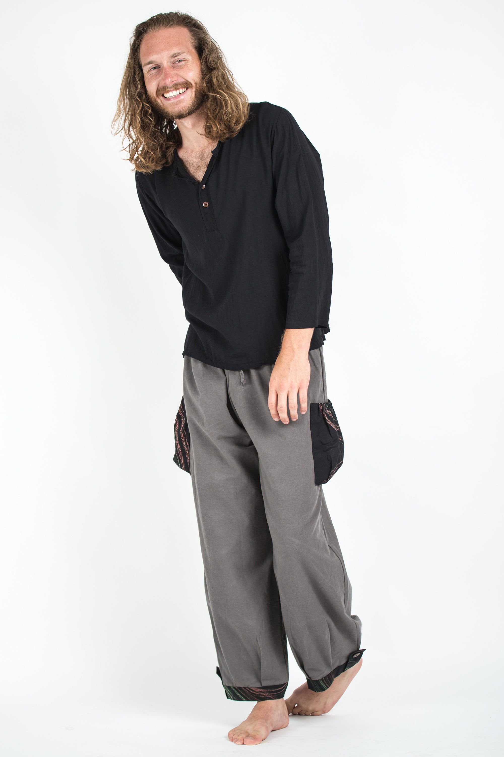 Thai Cotton Men Drawstring Pants With Hill Tribe Trim Gray