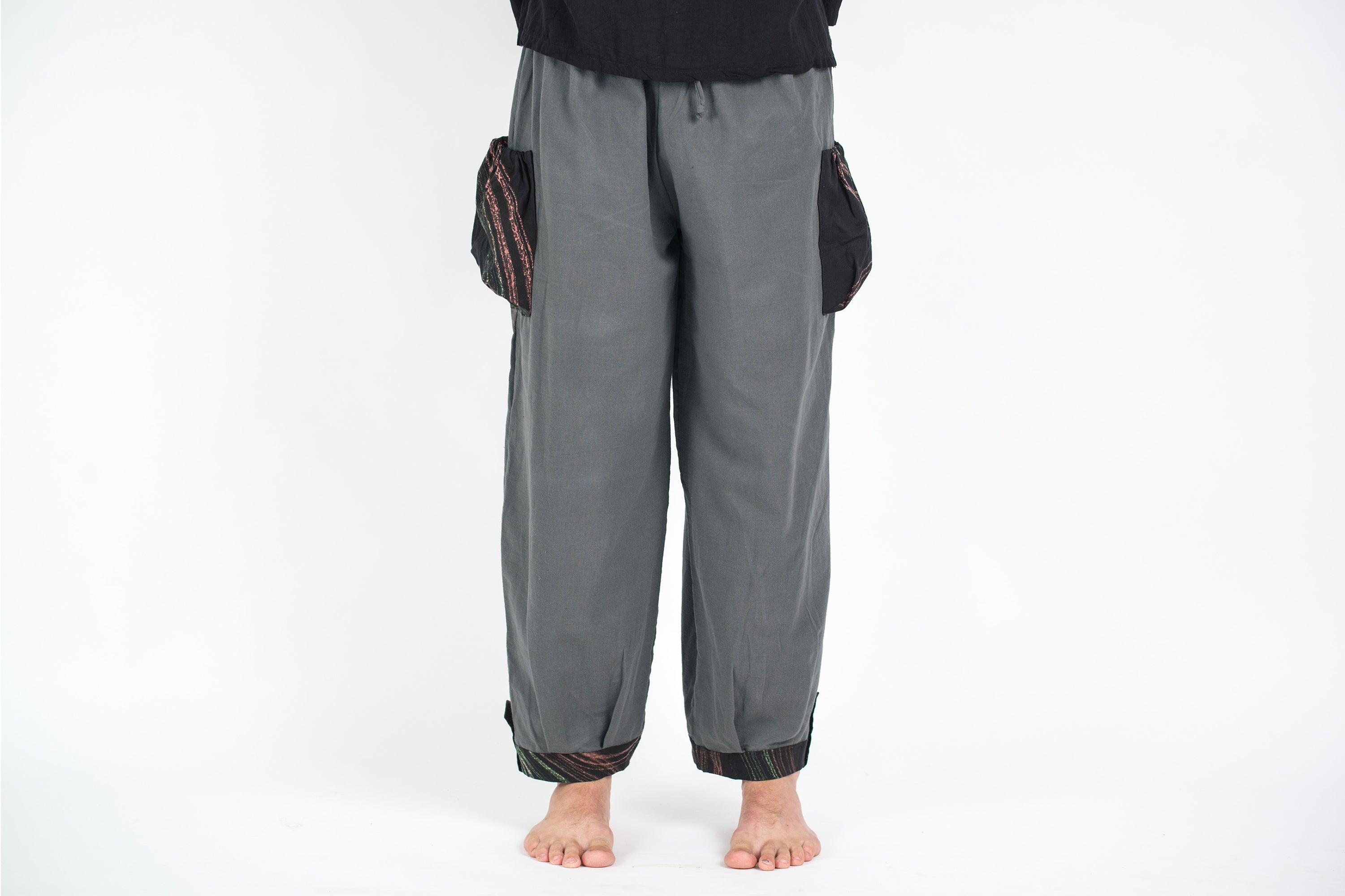Thai Cotton Men Drawstring Pants With Hill Tribe Trim Dark Gray