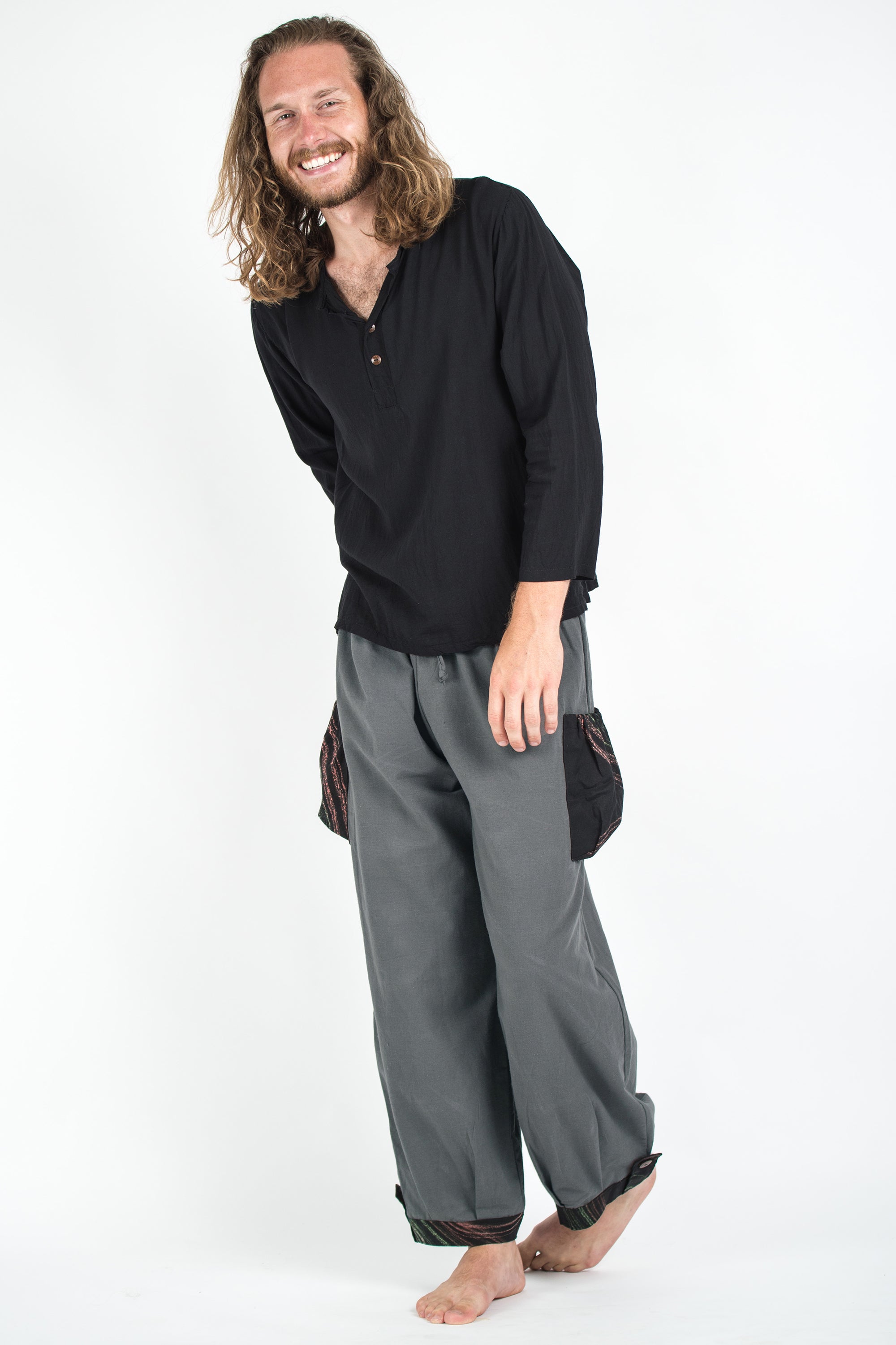 Thai Cotton Men Drawstring Pants With Hill Tribe Trim Dark Gray
