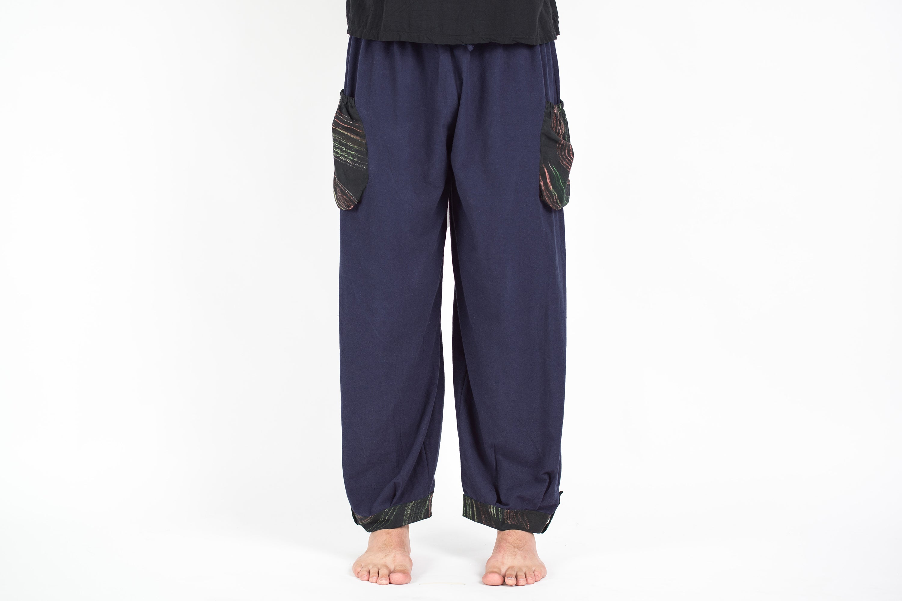 Thai Cotton Men Drawstring Pants With Hill Tribe Trim Navy