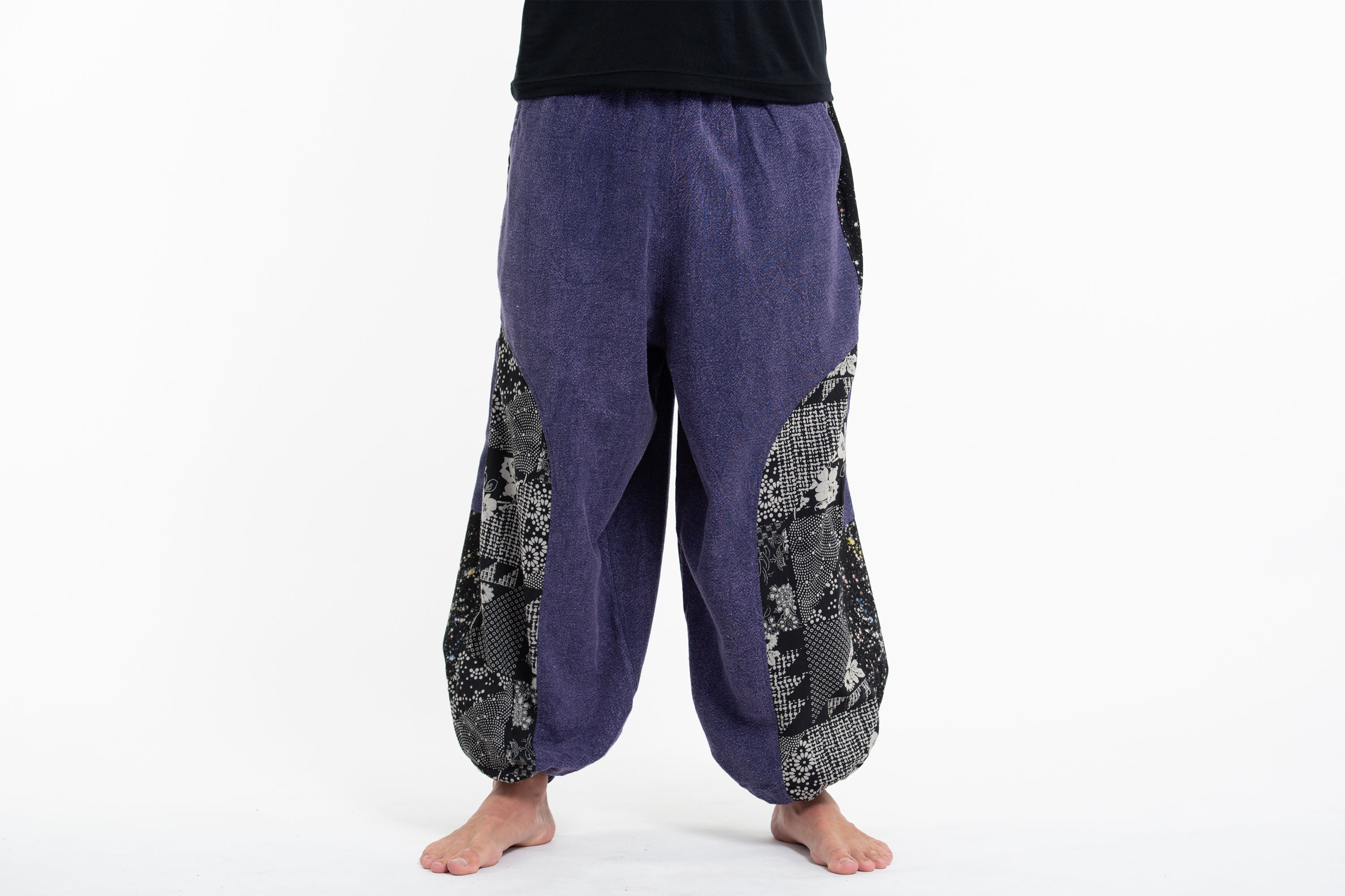 Stone Washed Patchwork Men Unisex Pants in Blue