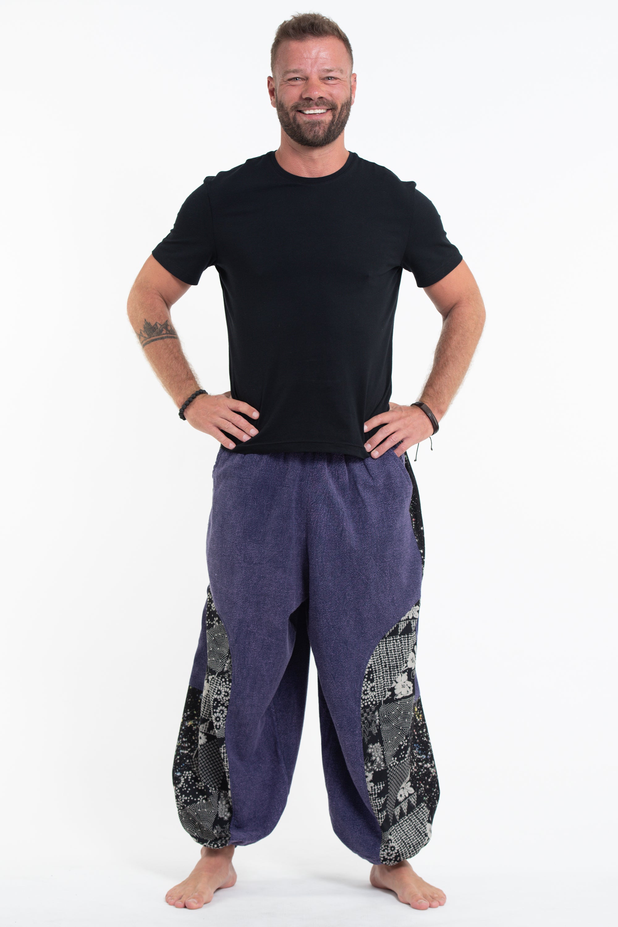 Stone Washed Patchwork Men Unisex Pants in Blue