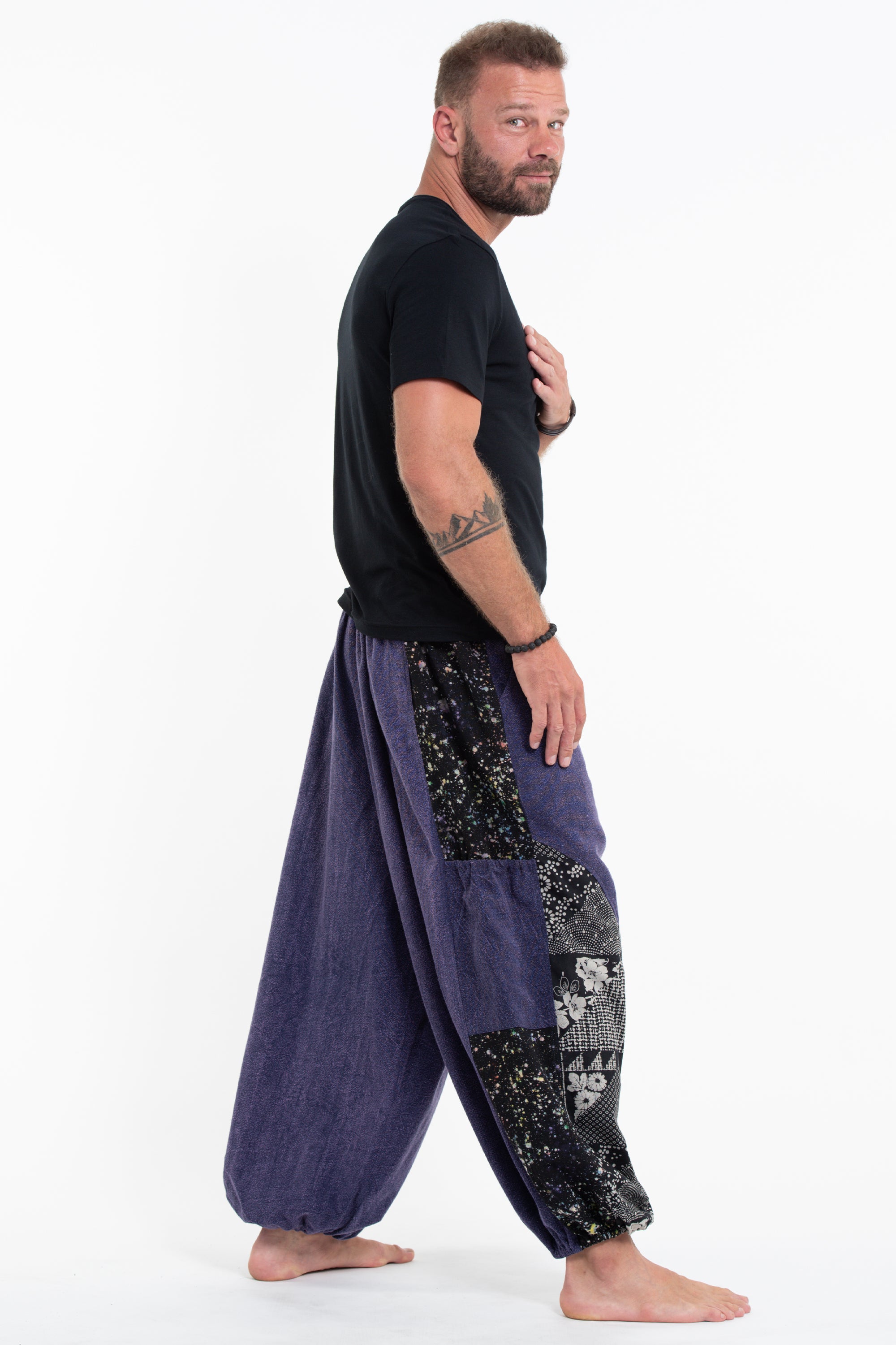 Stone Washed Patchwork Men Unisex Pants in Blue