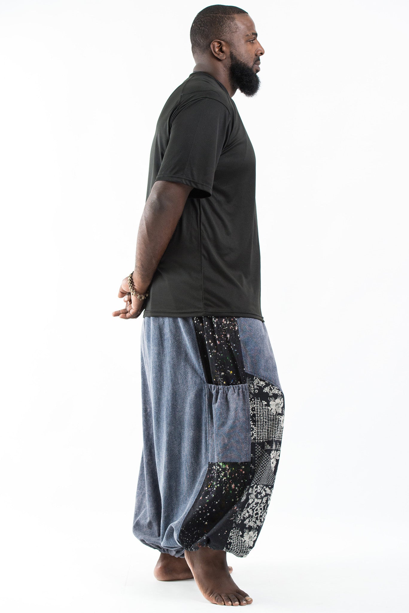 Plus Size Stone Washed Patchwork Men Unisex Pants in Gray