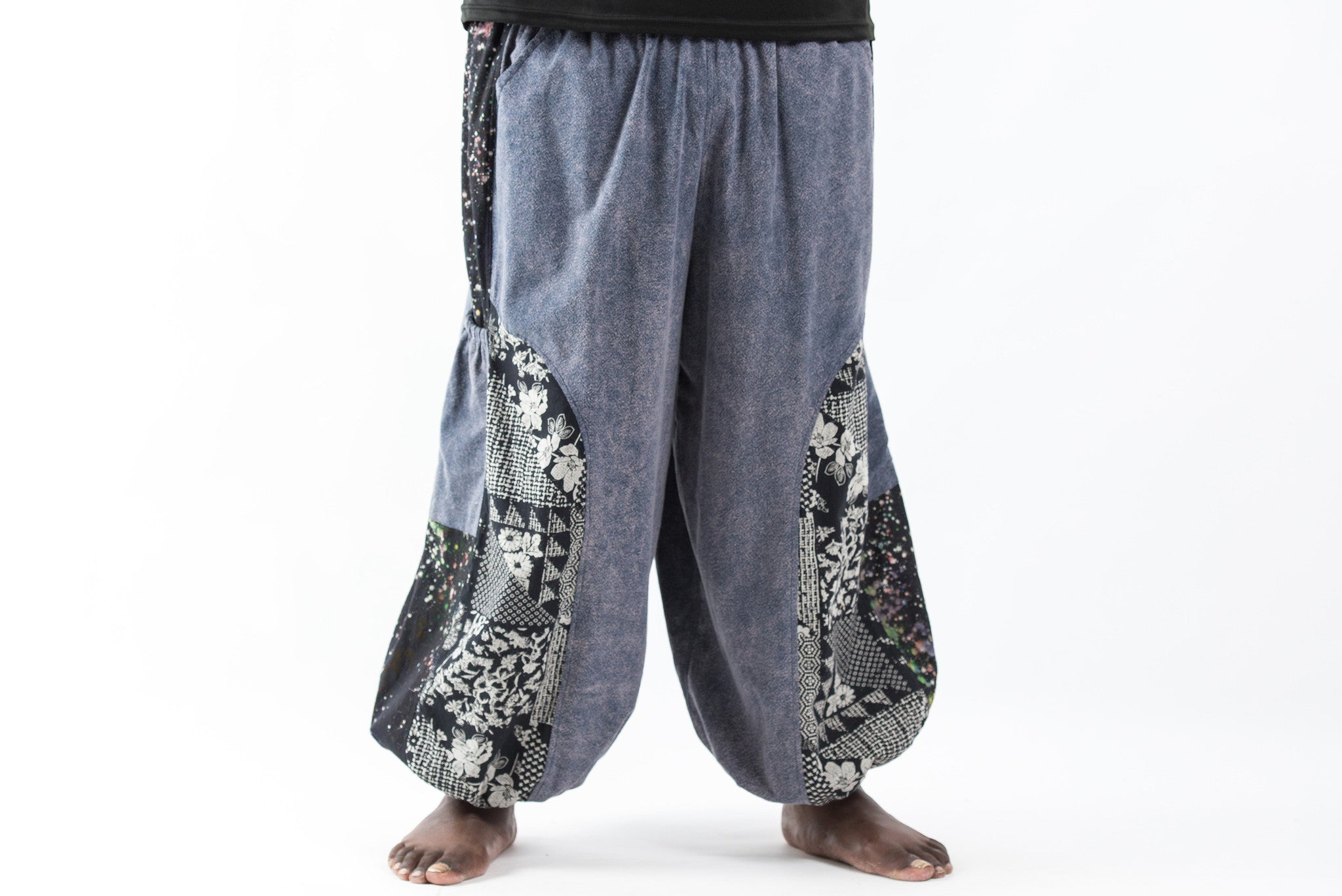 Plus Size Stone Washed Patchwork Men Unisex Pants in Gray