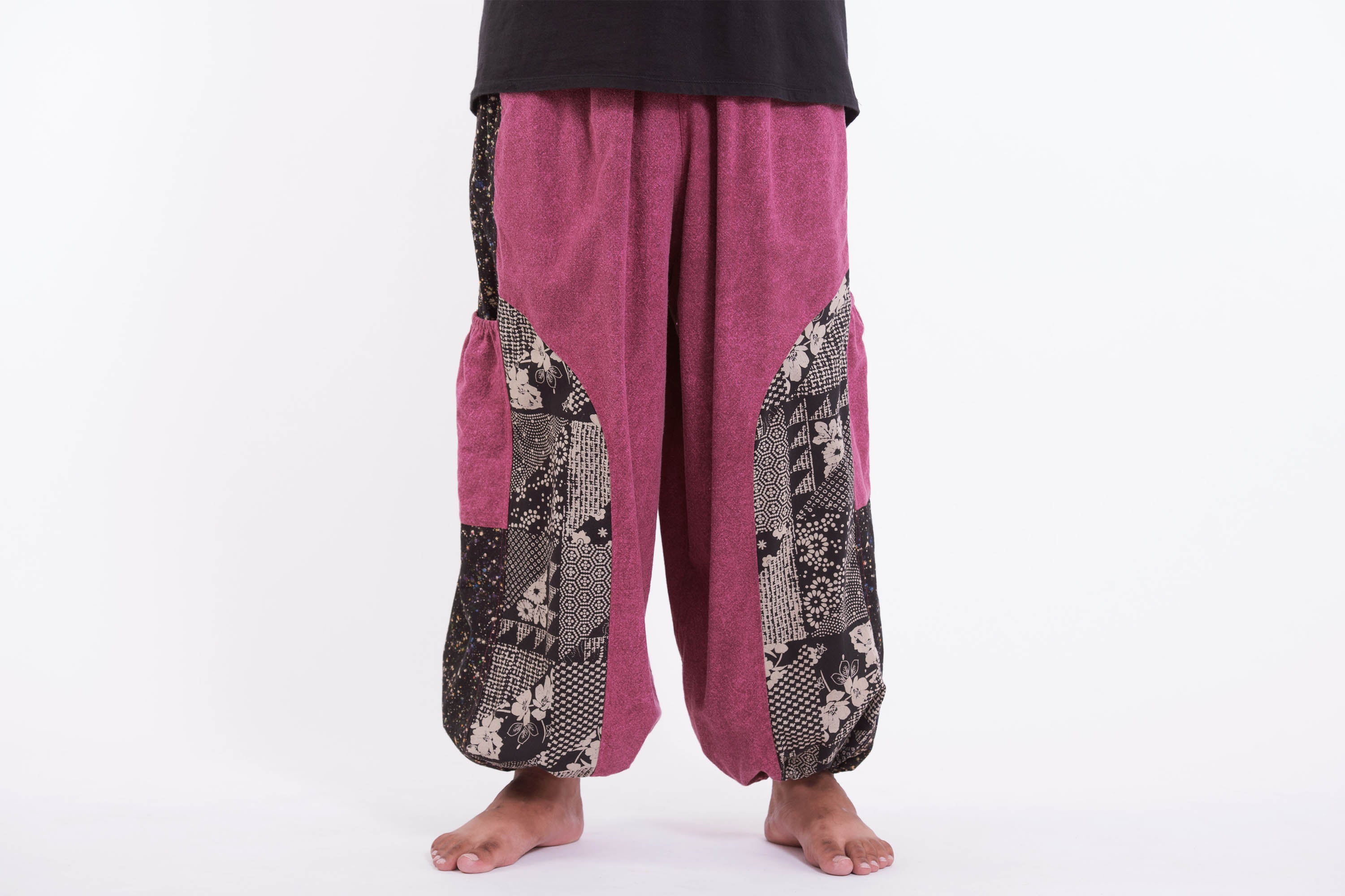 Plus Size Stone Washed Patchwork Men Unisex Pants in Magenta