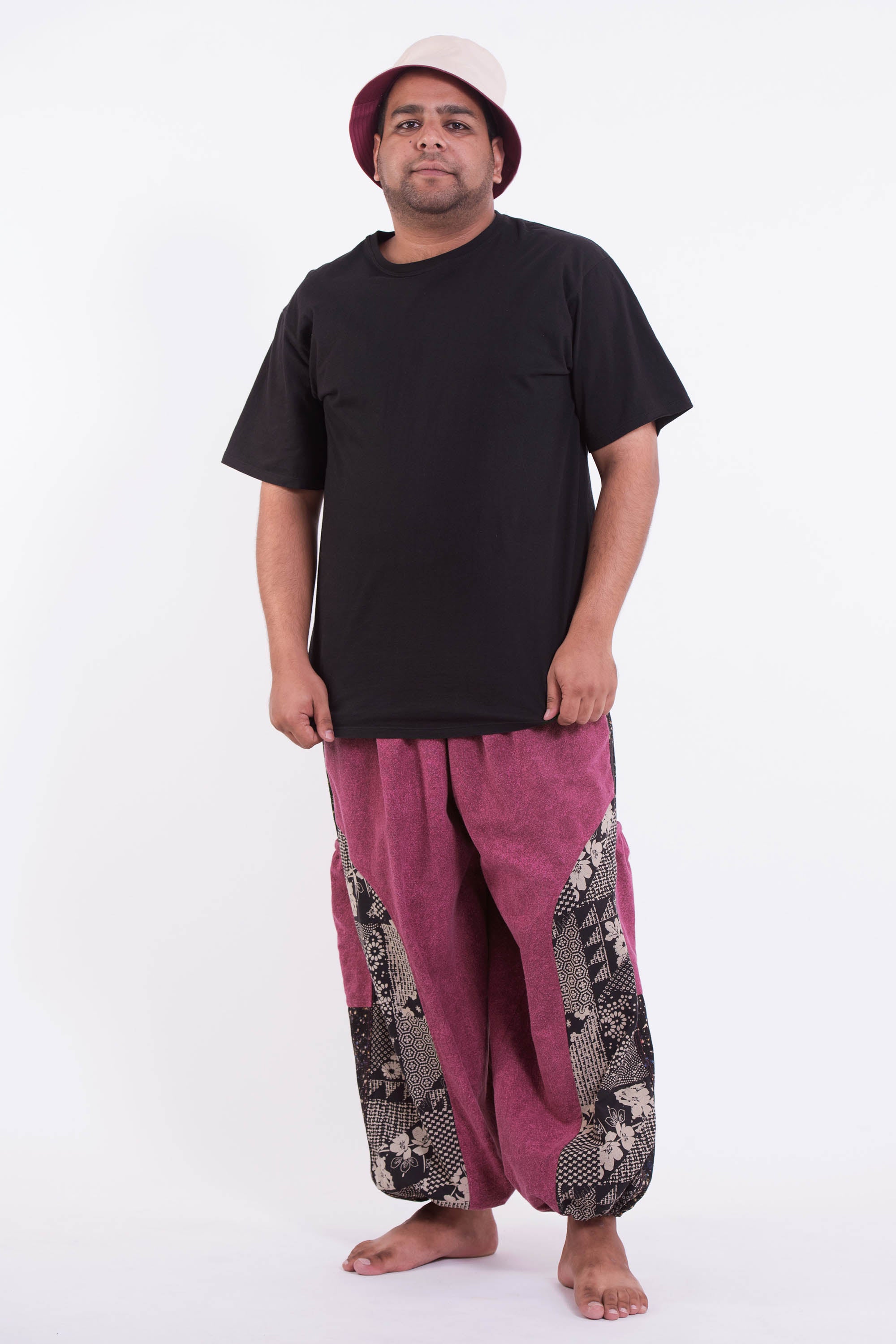 Plus Size Stone Washed Patchwork Men Unisex Pants in Magenta