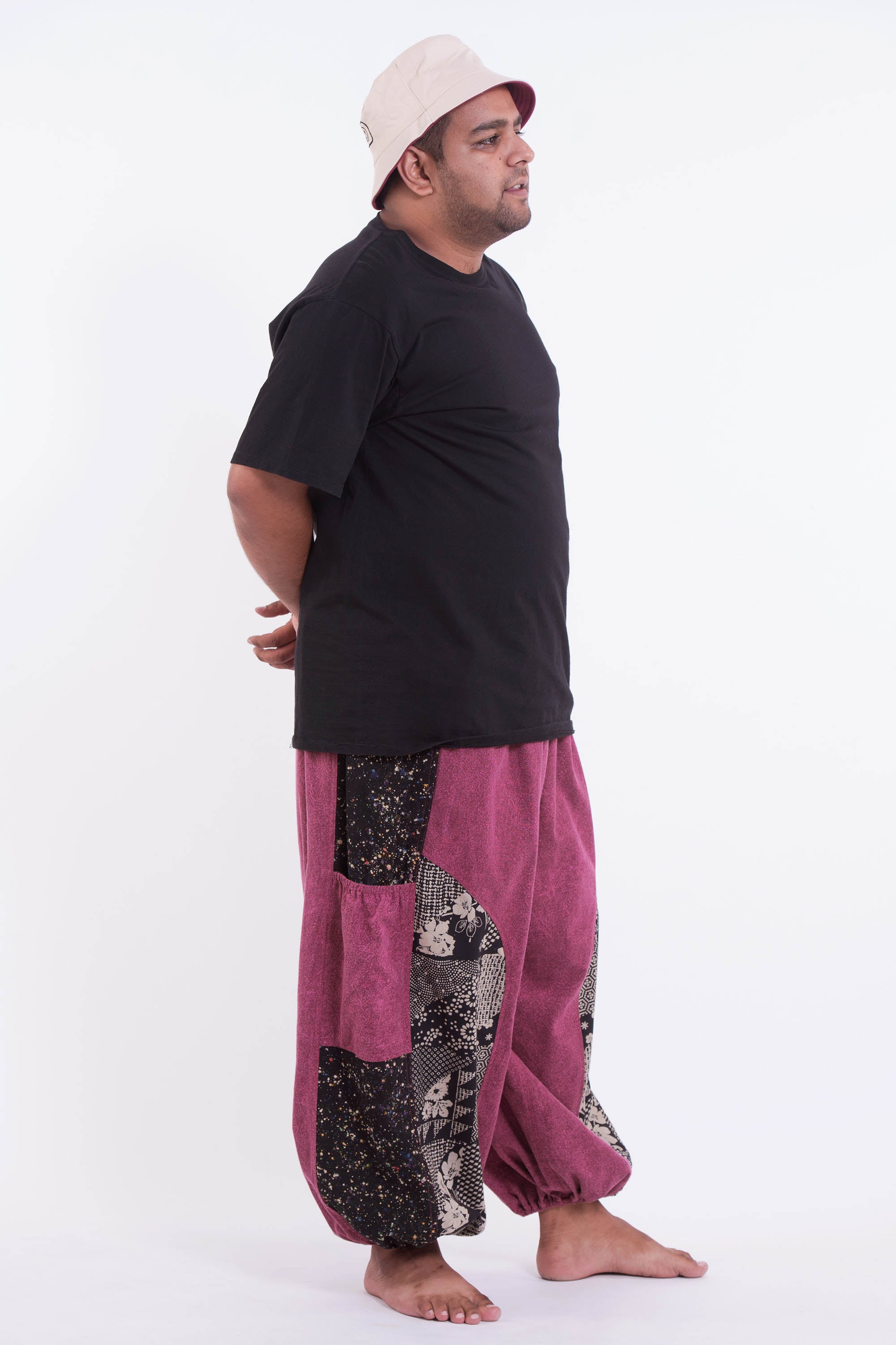 Plus Size Stone Washed Patchwork Men Unisex Pants in Magenta