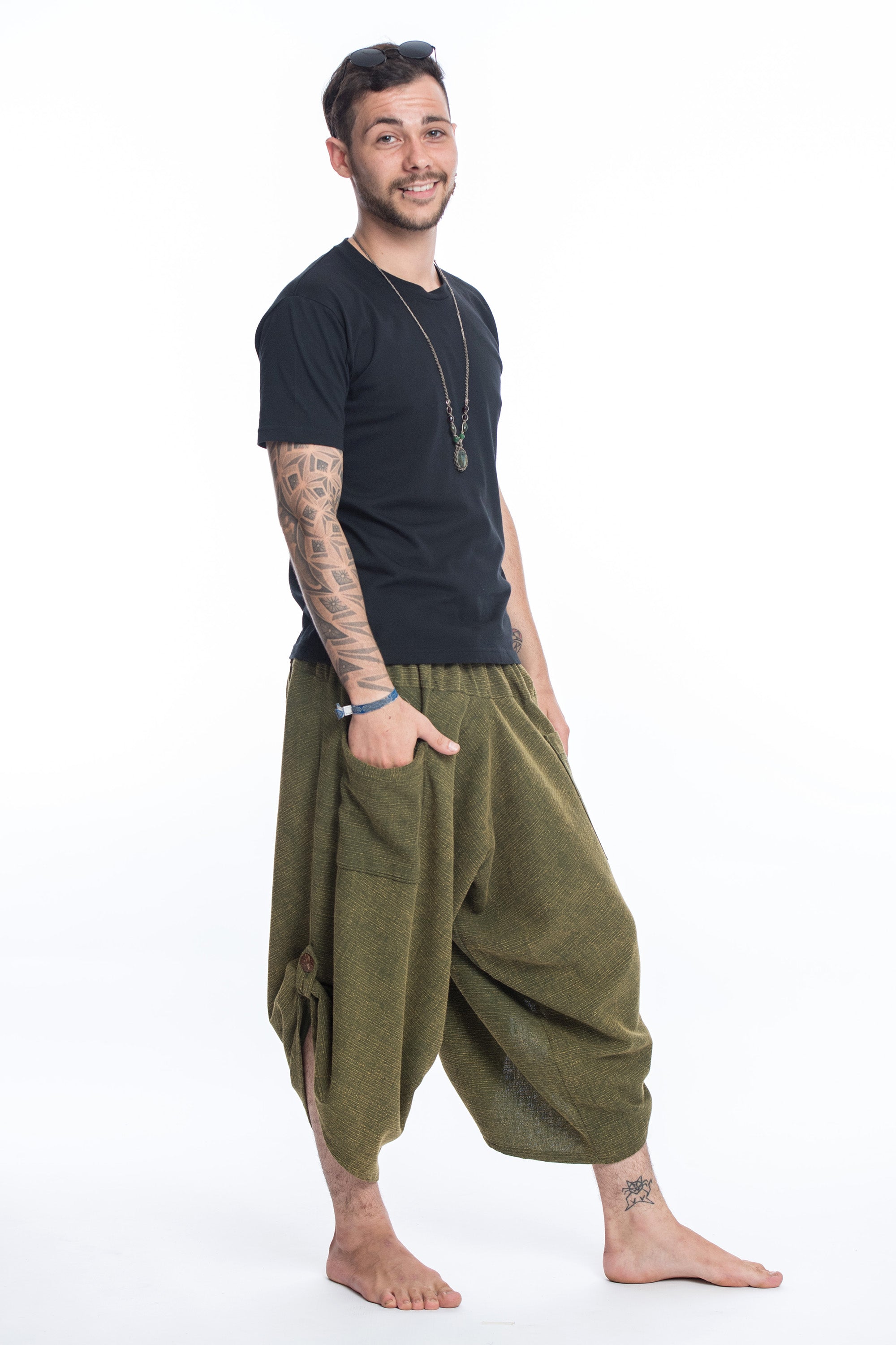 Stone Washed Large Pockets Men's Harem Pants in Green