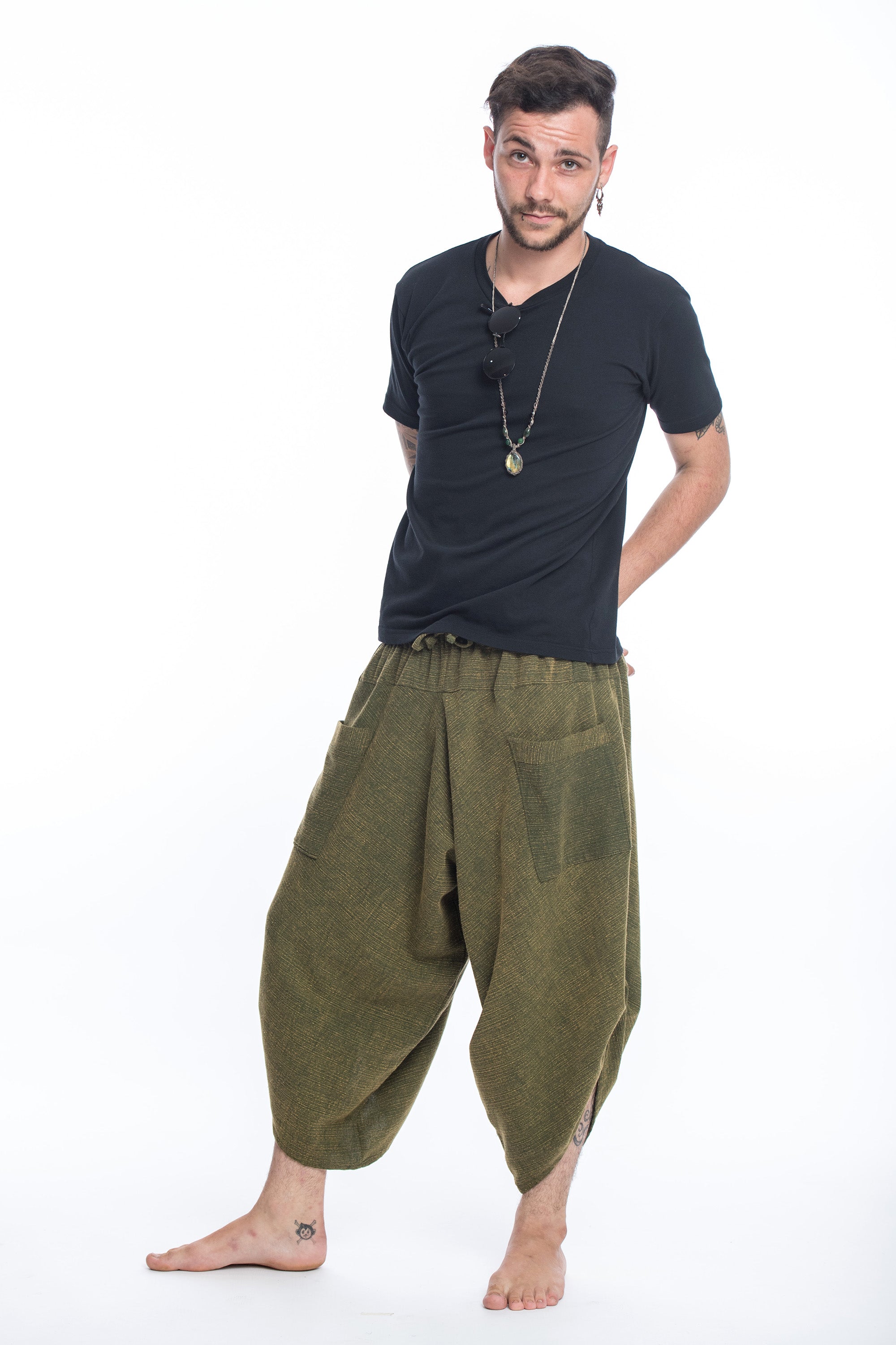 Stone Washed Large Pockets Men's Harem Pants in Green