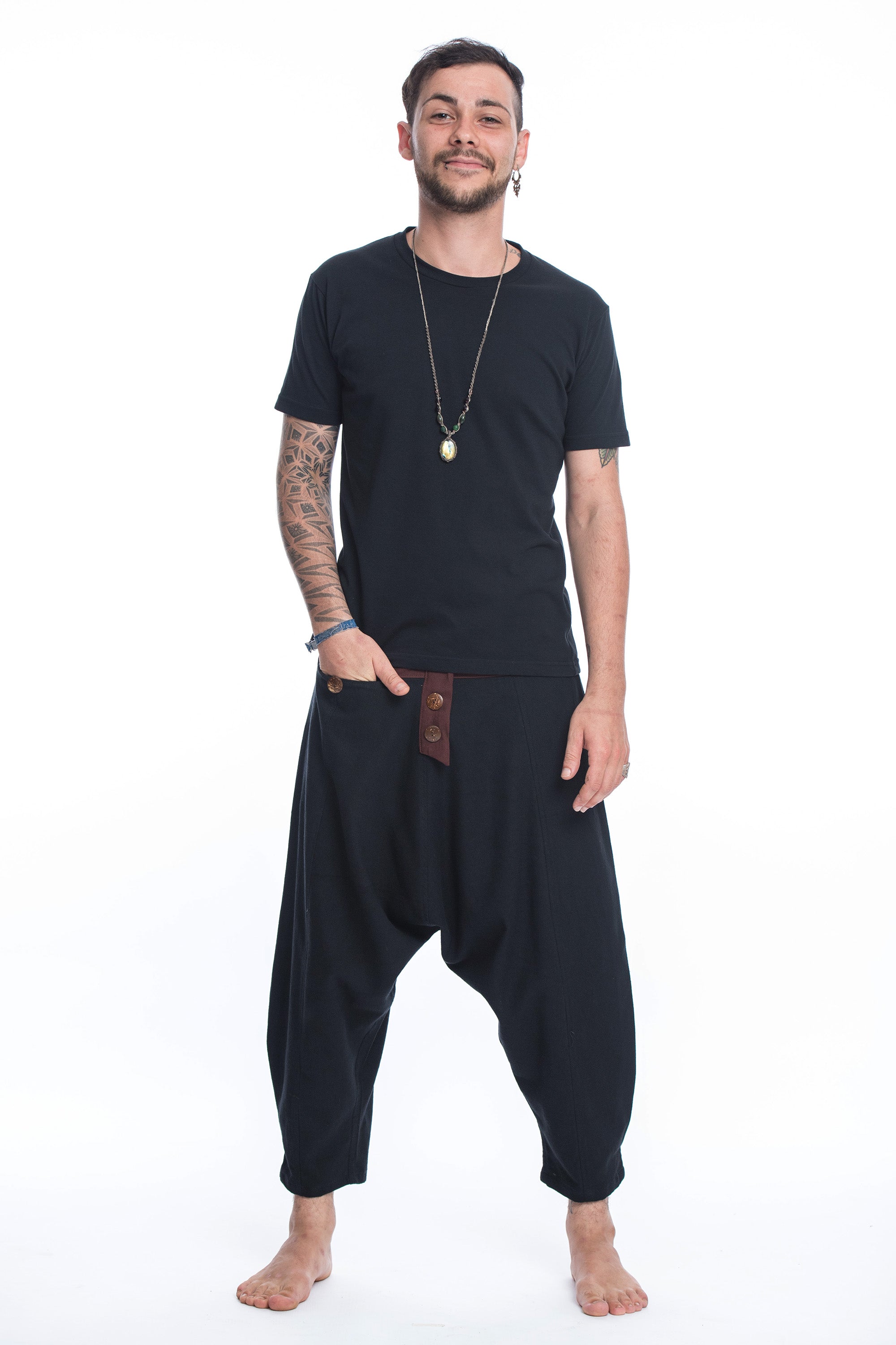 Cotton Men's Harem Pants with Faux Buttons in Black