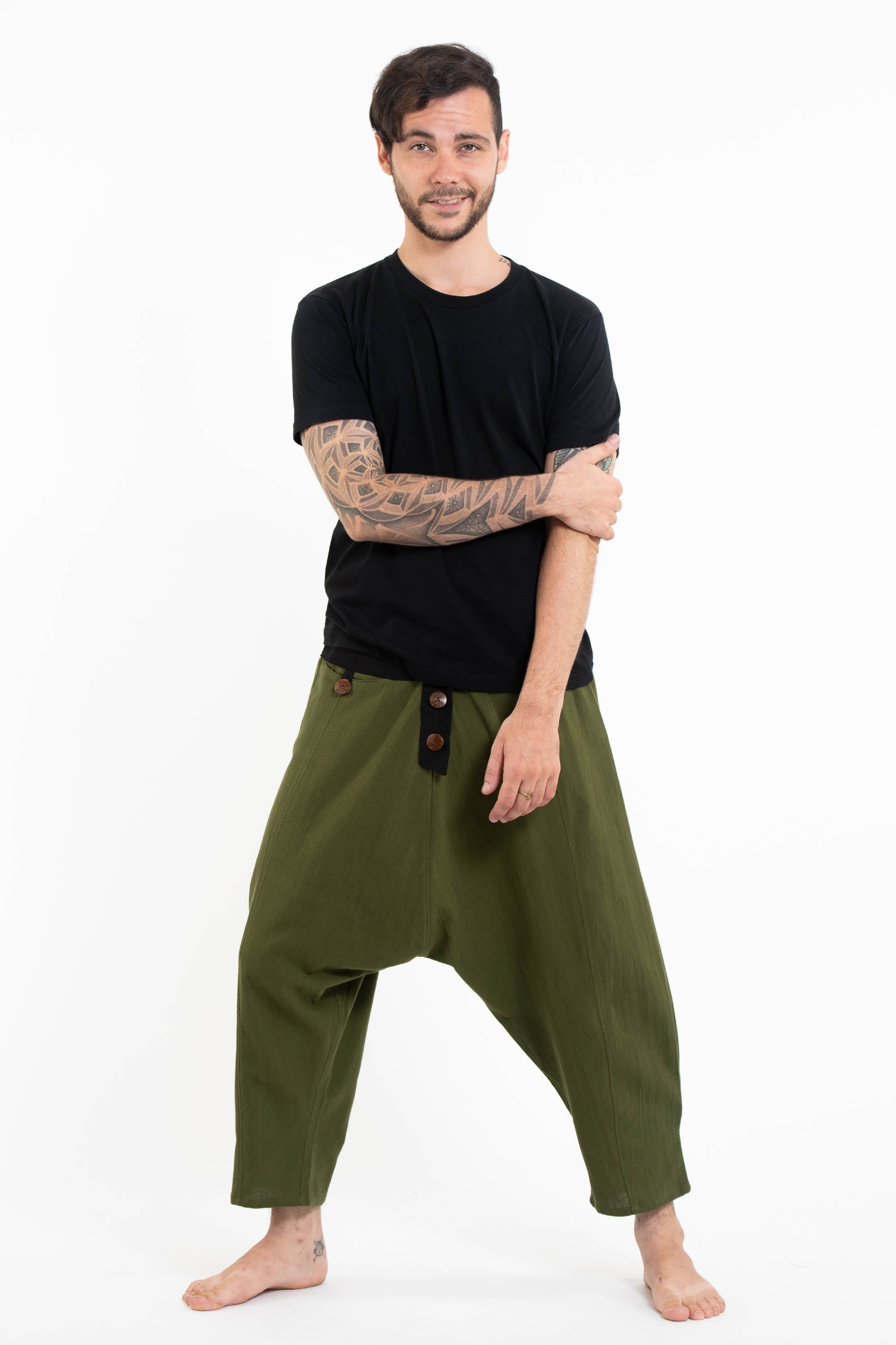 Cotton Men's Harem Pants with Faux Buttons in Green