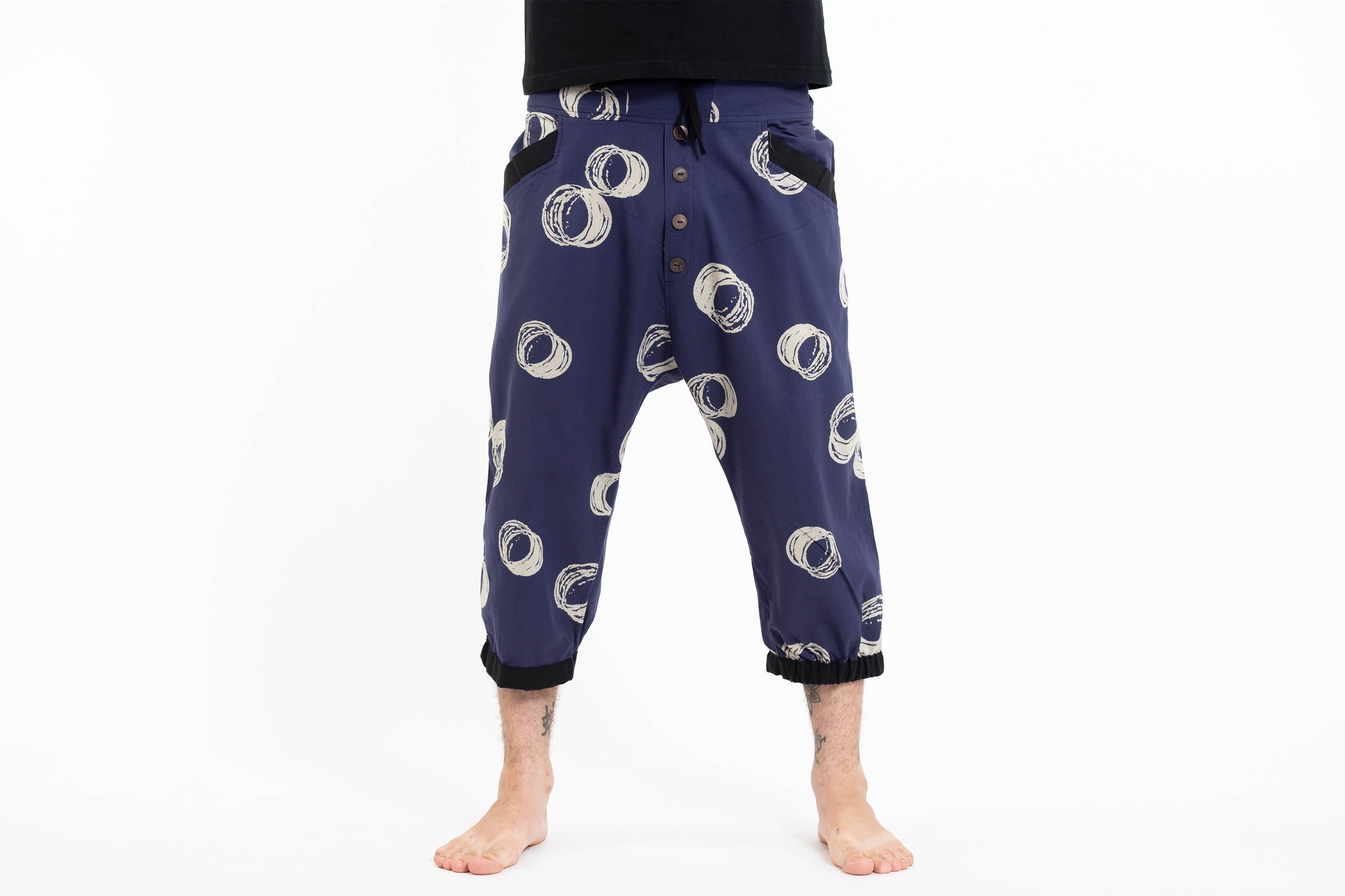 Circles Men's Harem Pants with Faux Buttons in Navy