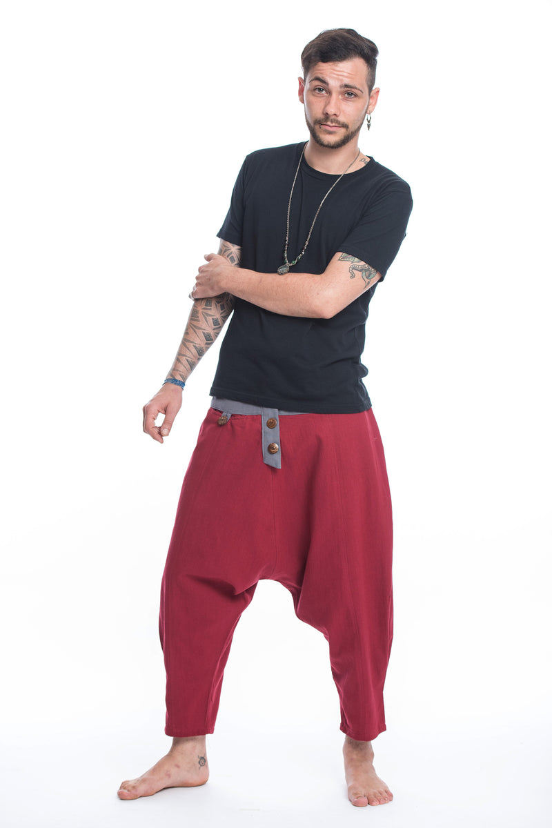 Cotton Men's Harem Pants with Faux Buttons in Red