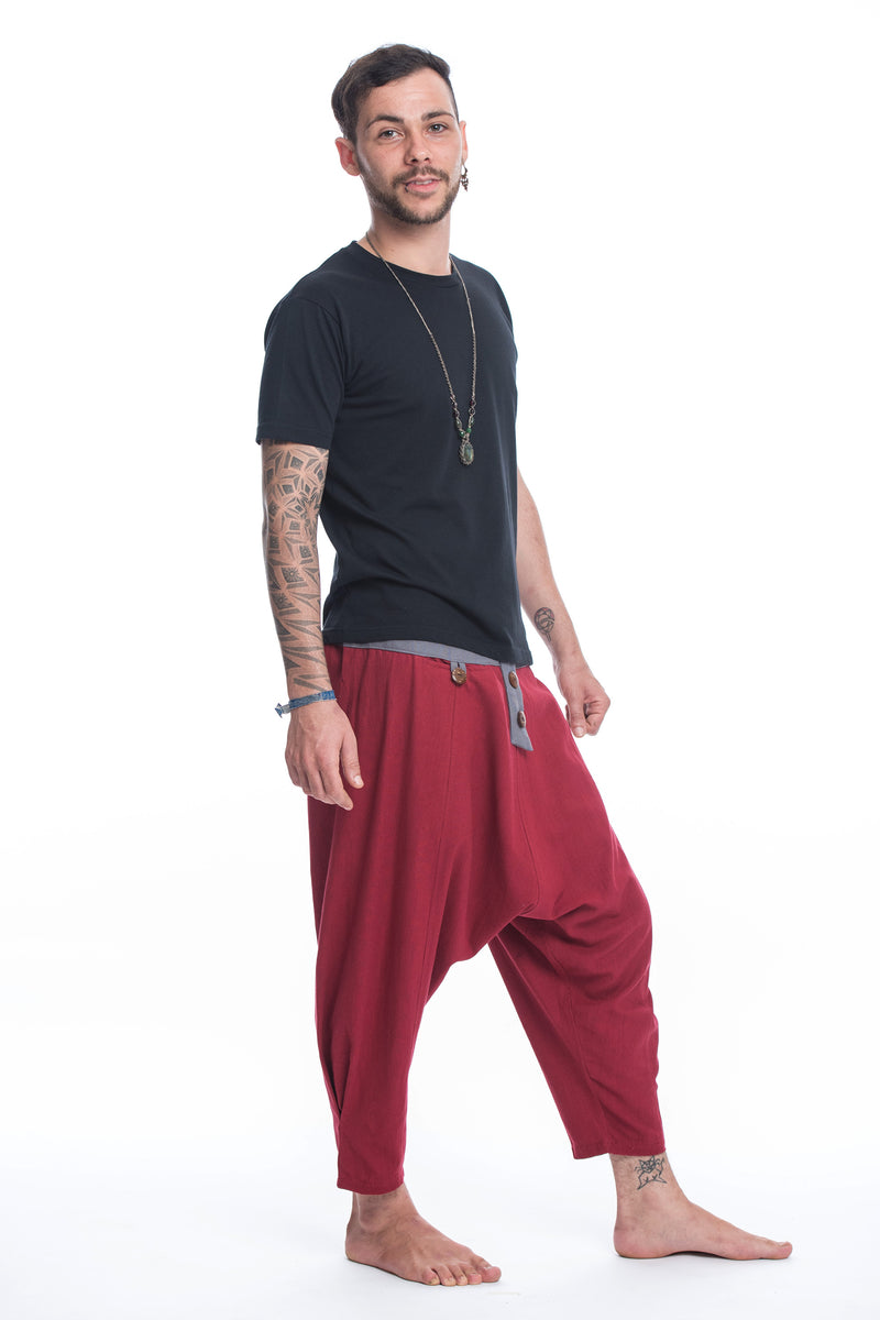 Cotton Men's Harem Pants with Faux Buttons in Red