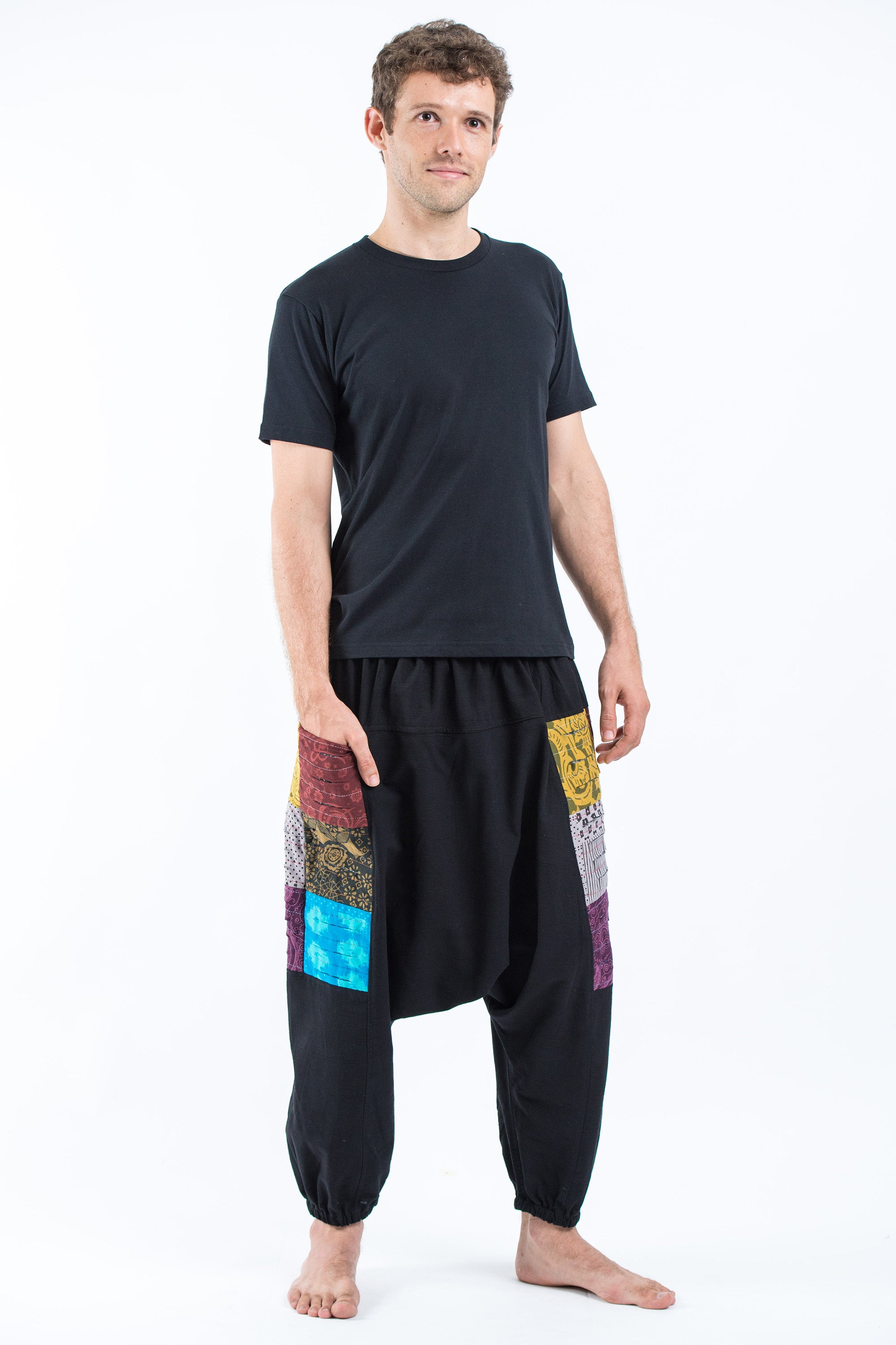 Ripped Patchwork Cotton Men's Harem Pants In Black