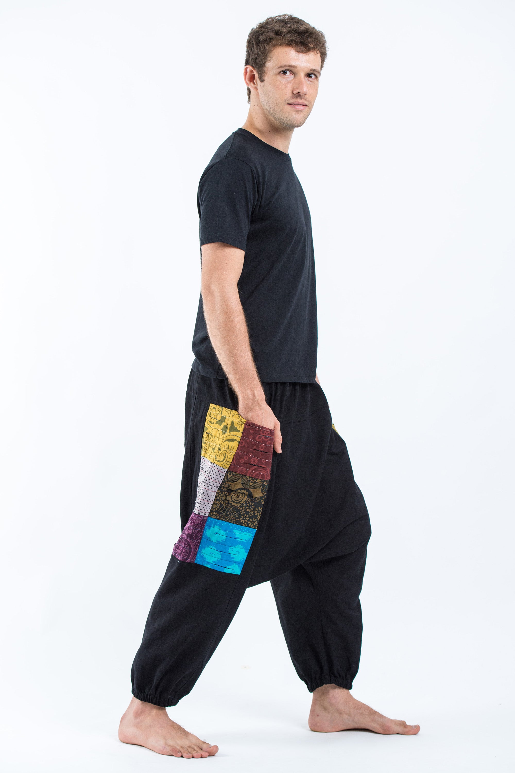 Ripped Patchwork Cotton Men's Harem Pants In Black