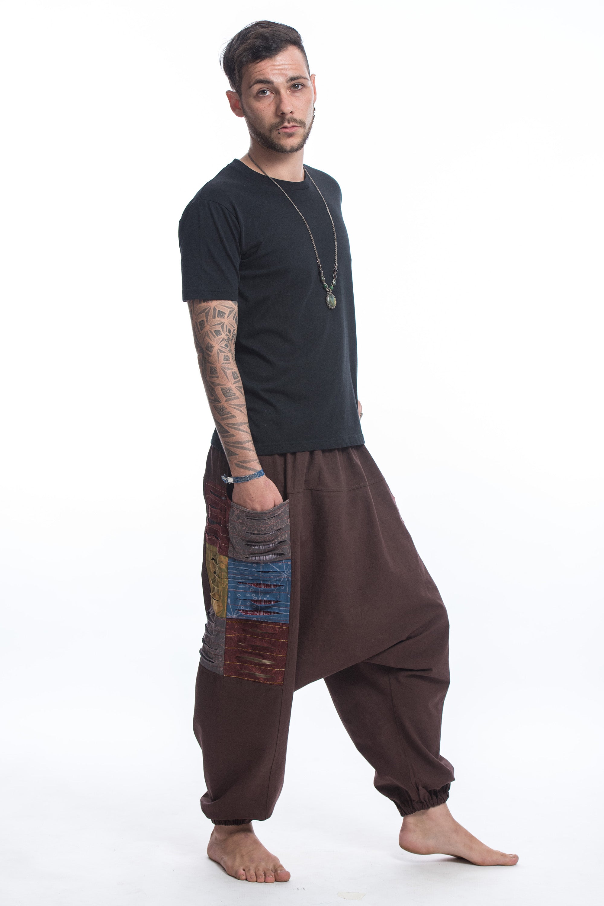 Ripped Patchwork Cotton Men's Harem Pants In Brown