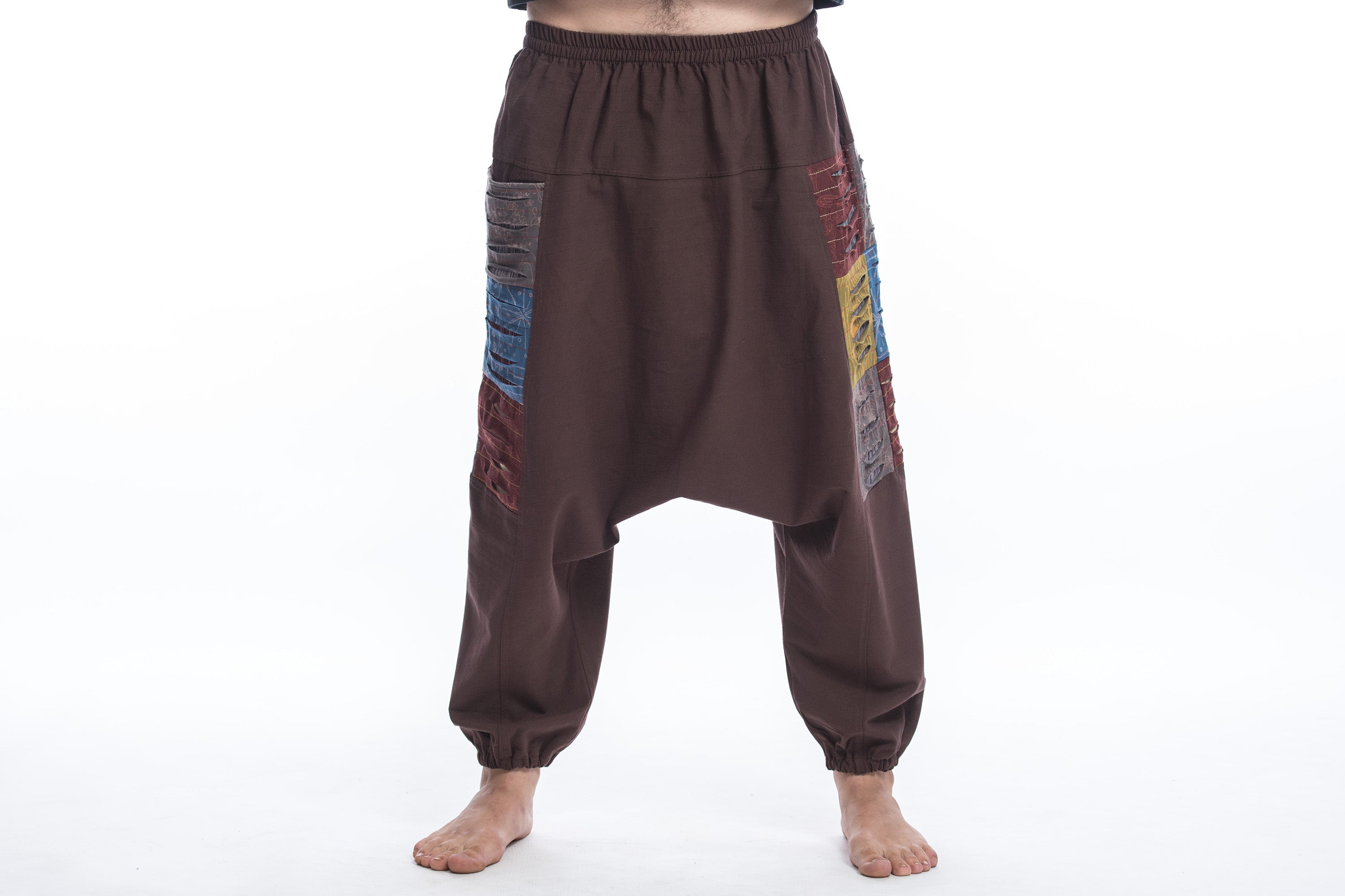 Ripped Patchwork Cotton Men's Harem Pants In Brown