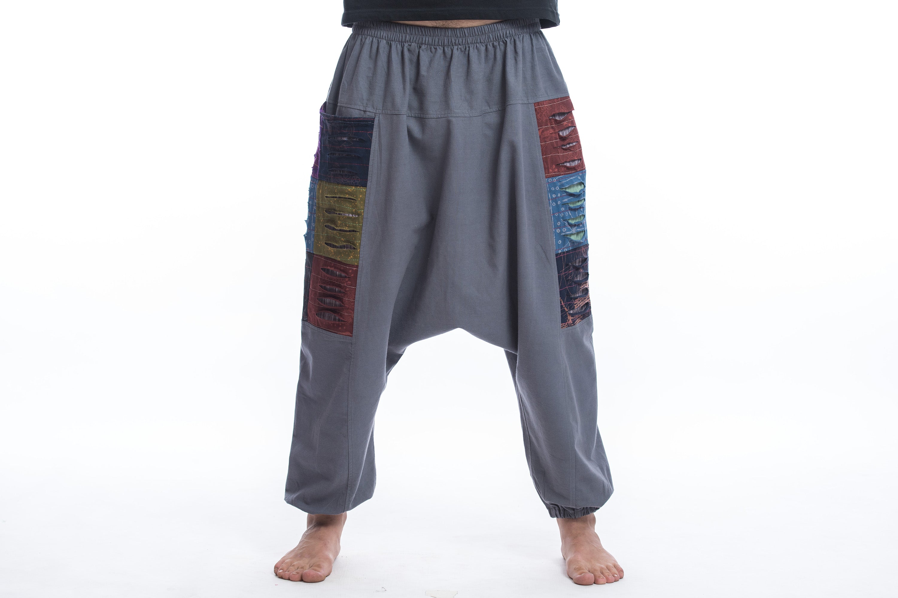 Ripped Patchwork Cotton Men's Harem Pants In Gray