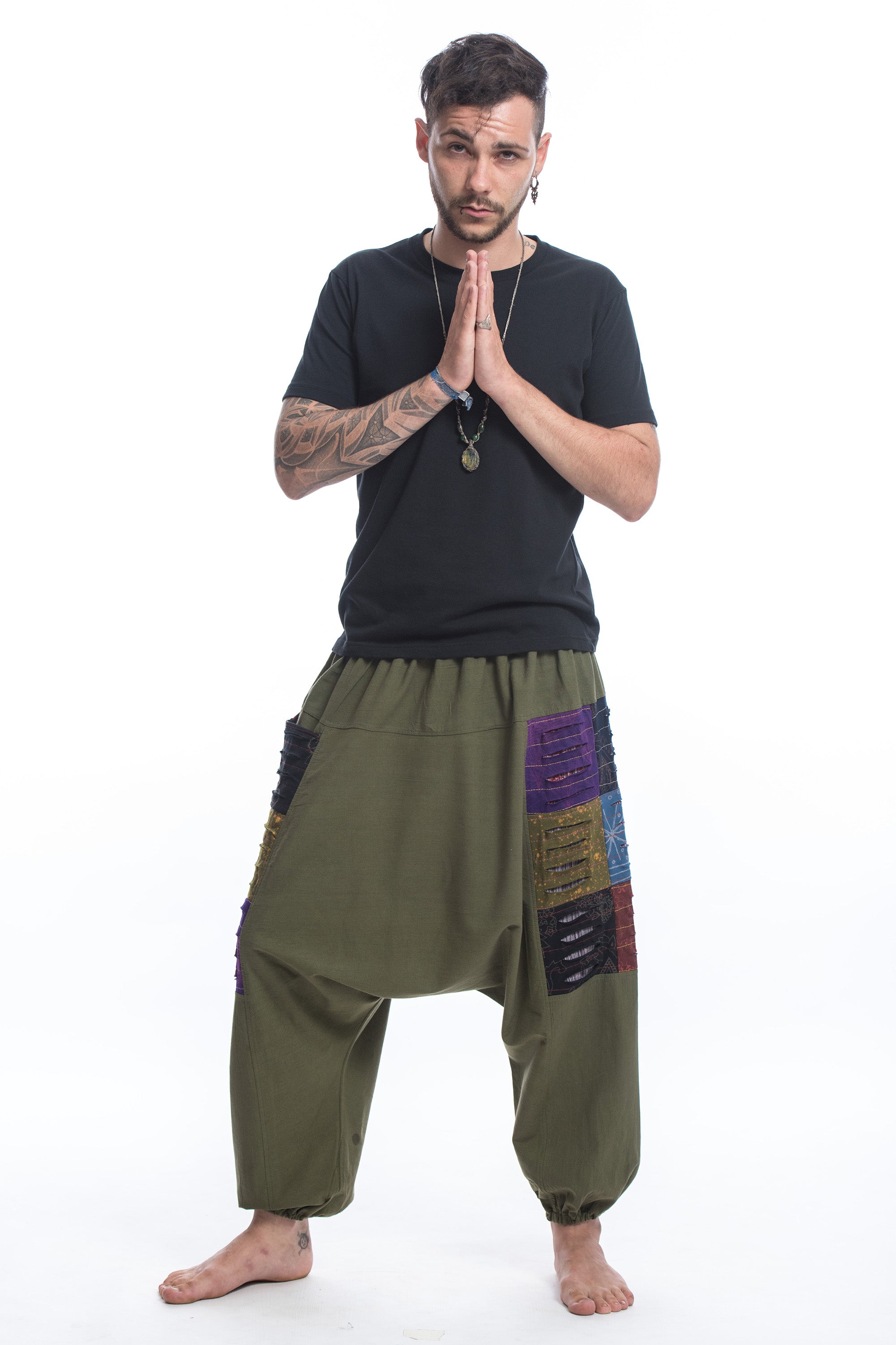Ripped Patchwork Cotton Men's Harem Pants In Green