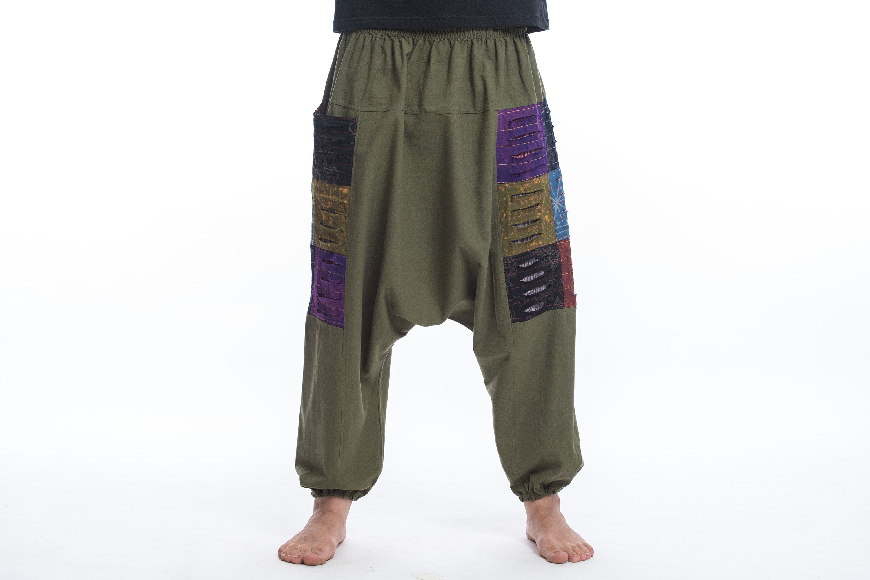 Ripped Patchwork Cotton Men's Harem Pants In Green