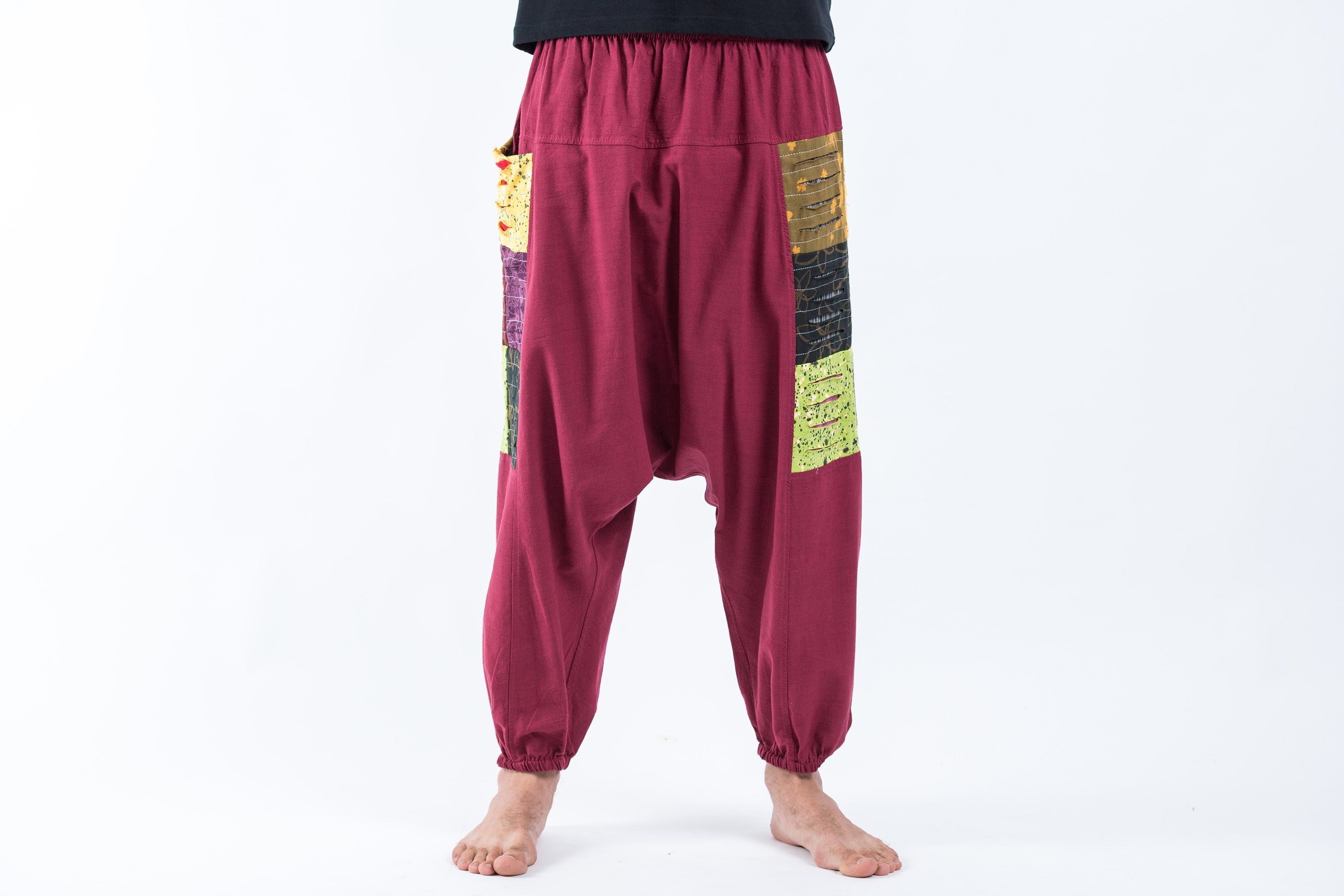 Ripped Patchwork Cotton Men's Harem Pants In Maroon
