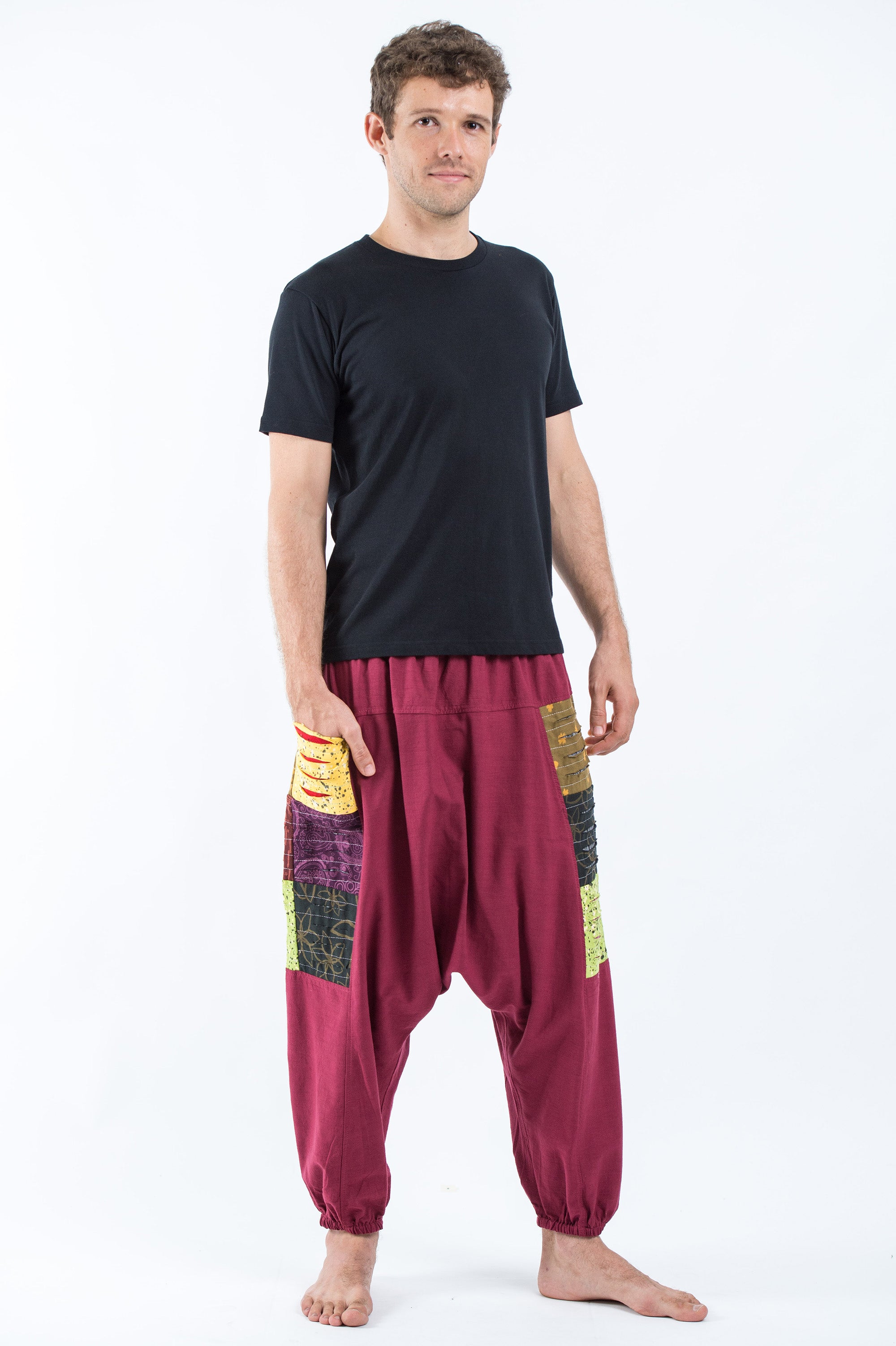 Ripped Patchwork Cotton Men's Harem Pants In Maroon