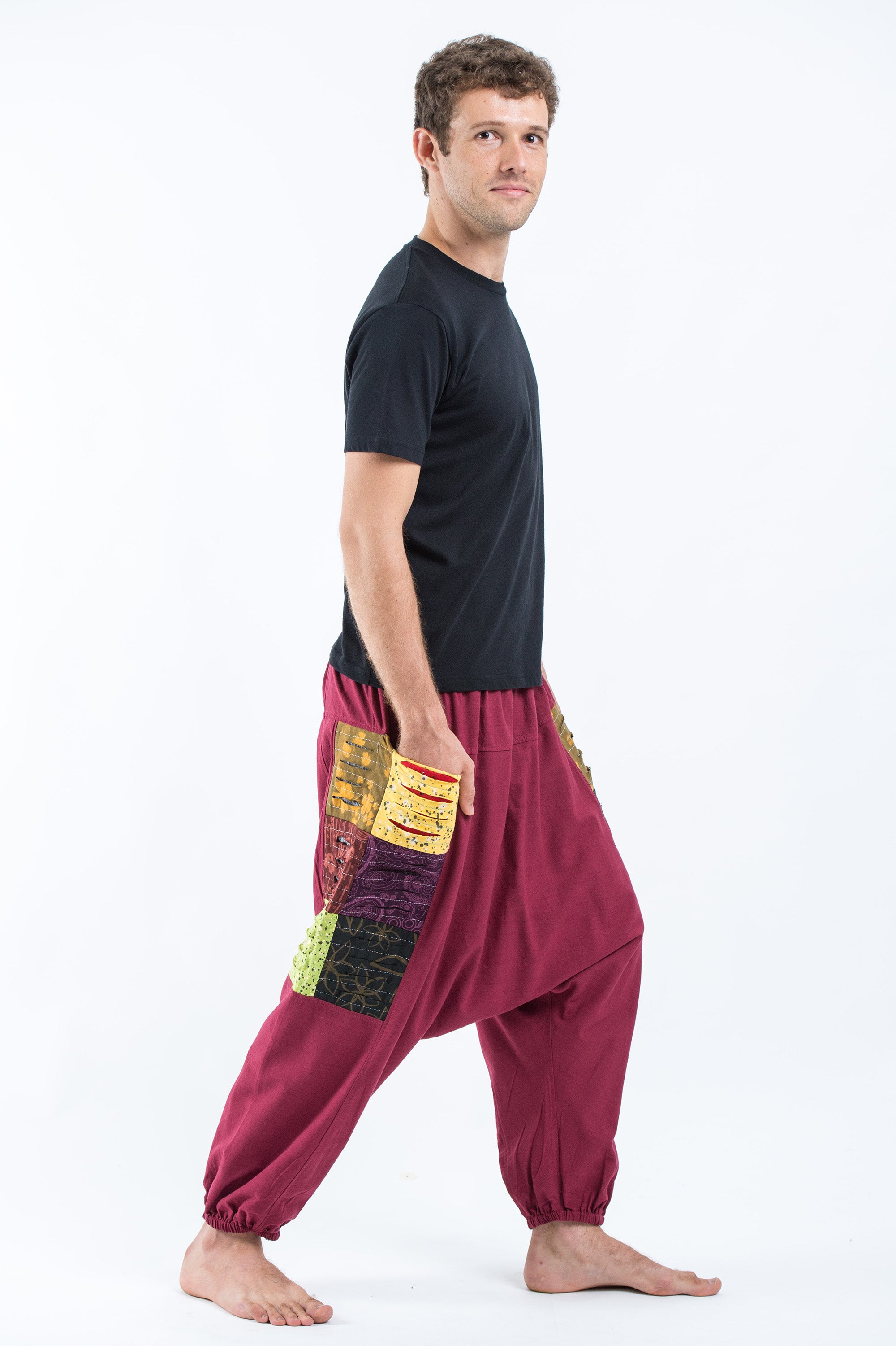 Ripped Patchwork Cotton Men's Harem Pants In Maroon