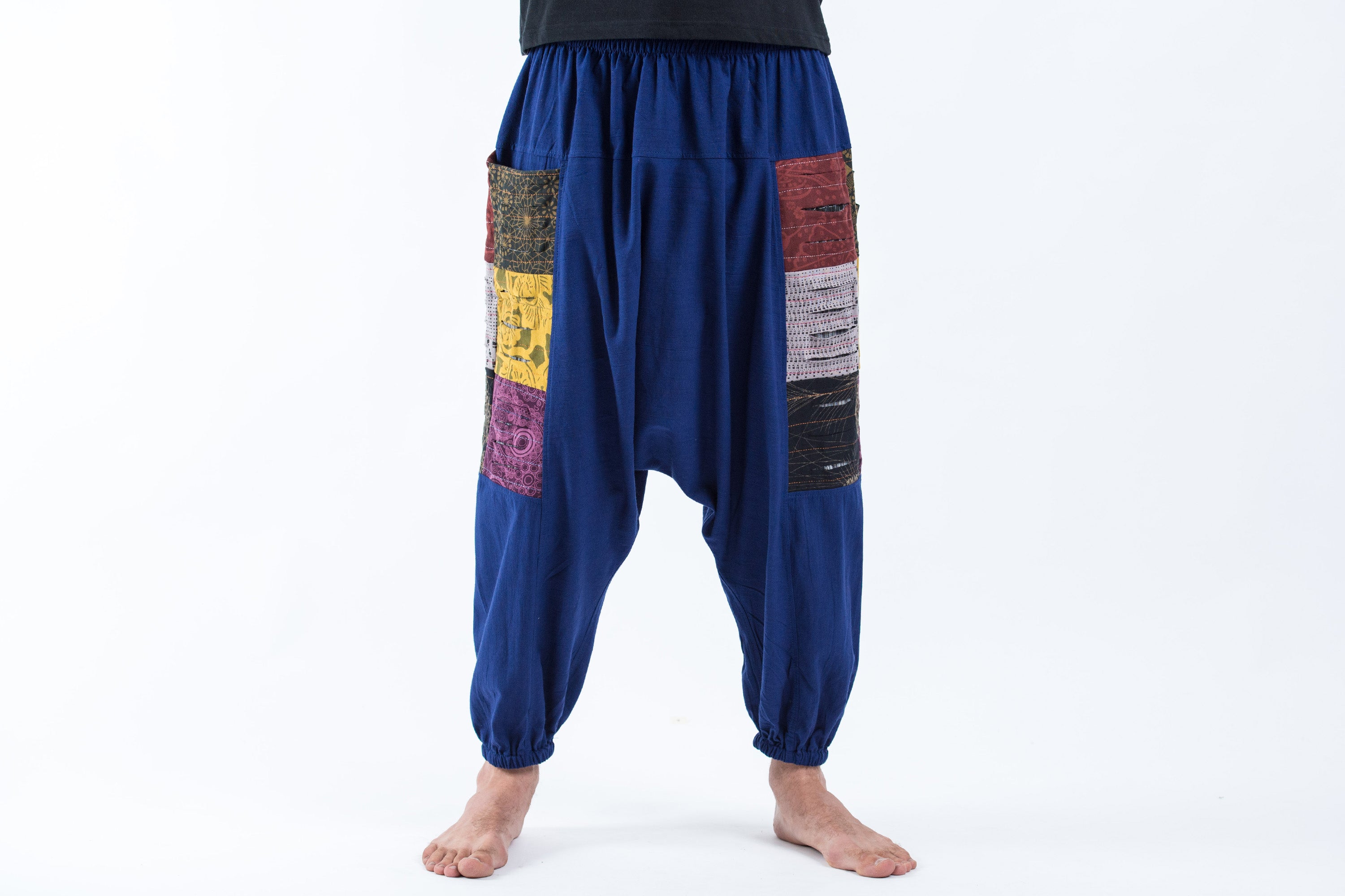 Ripped Patchwork Cotton Men's Harem Pants In Navy