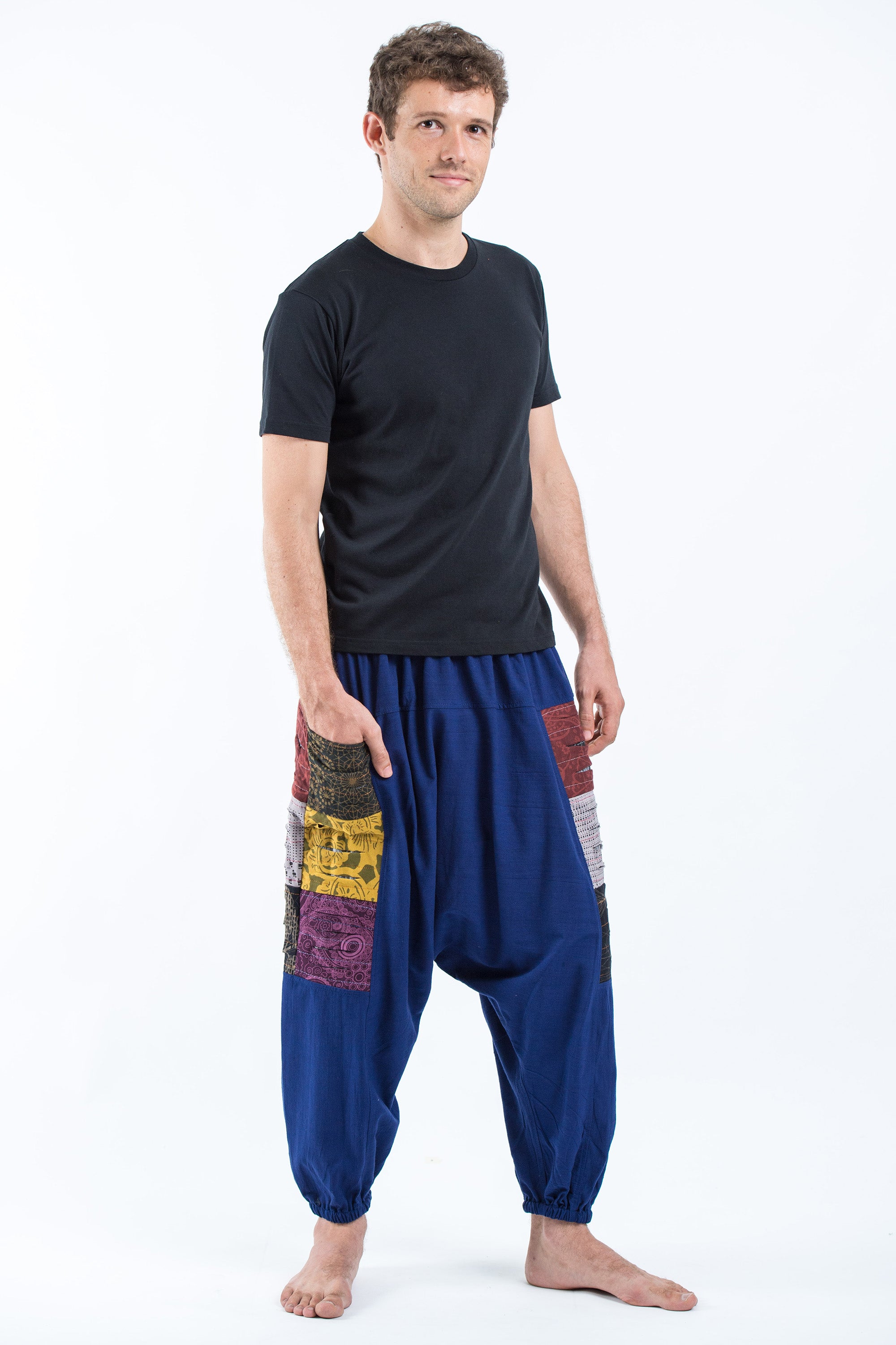 Ripped Patchwork Cotton Men's Harem Pants In Navy