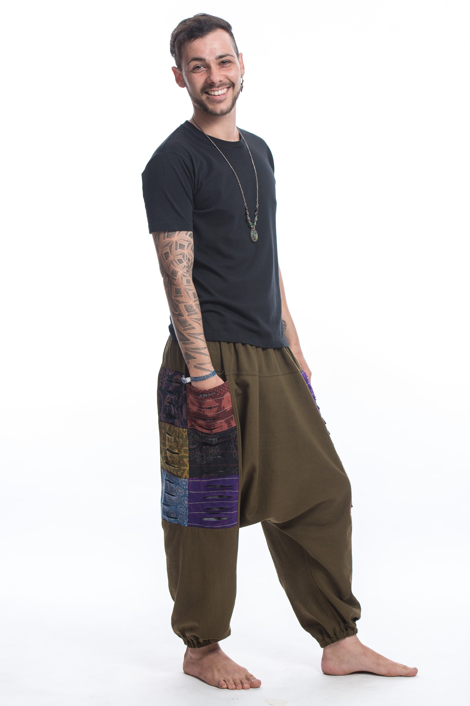 Ripped Patchwork Cotton Men's Harem Pants In Olive